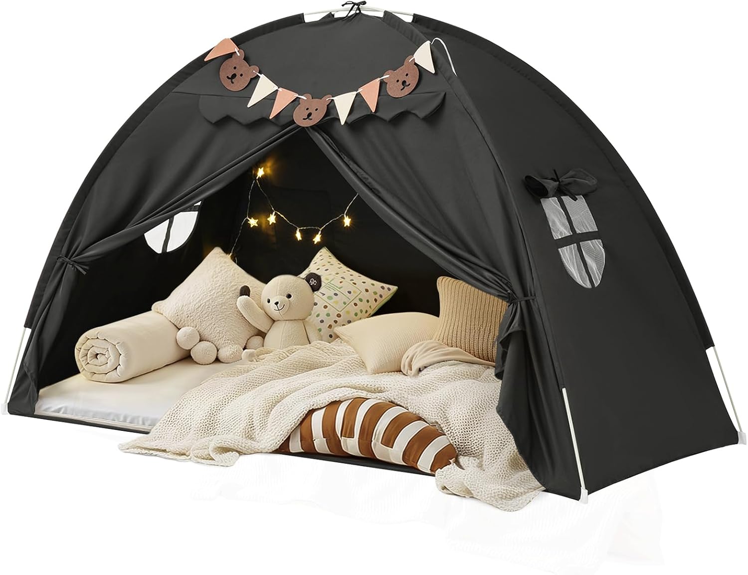 Twin Bed Tent, Bed Canopy Bunk Bed Tent with Stars Light & Flags, Blackout Breathable Sleeping Tent, Privacy Space Dream Playhouse for Indoor Floor, Portable Foldable Play Tent with Storage Bag, Black Black 39"W x 77"L (Pack of 1)