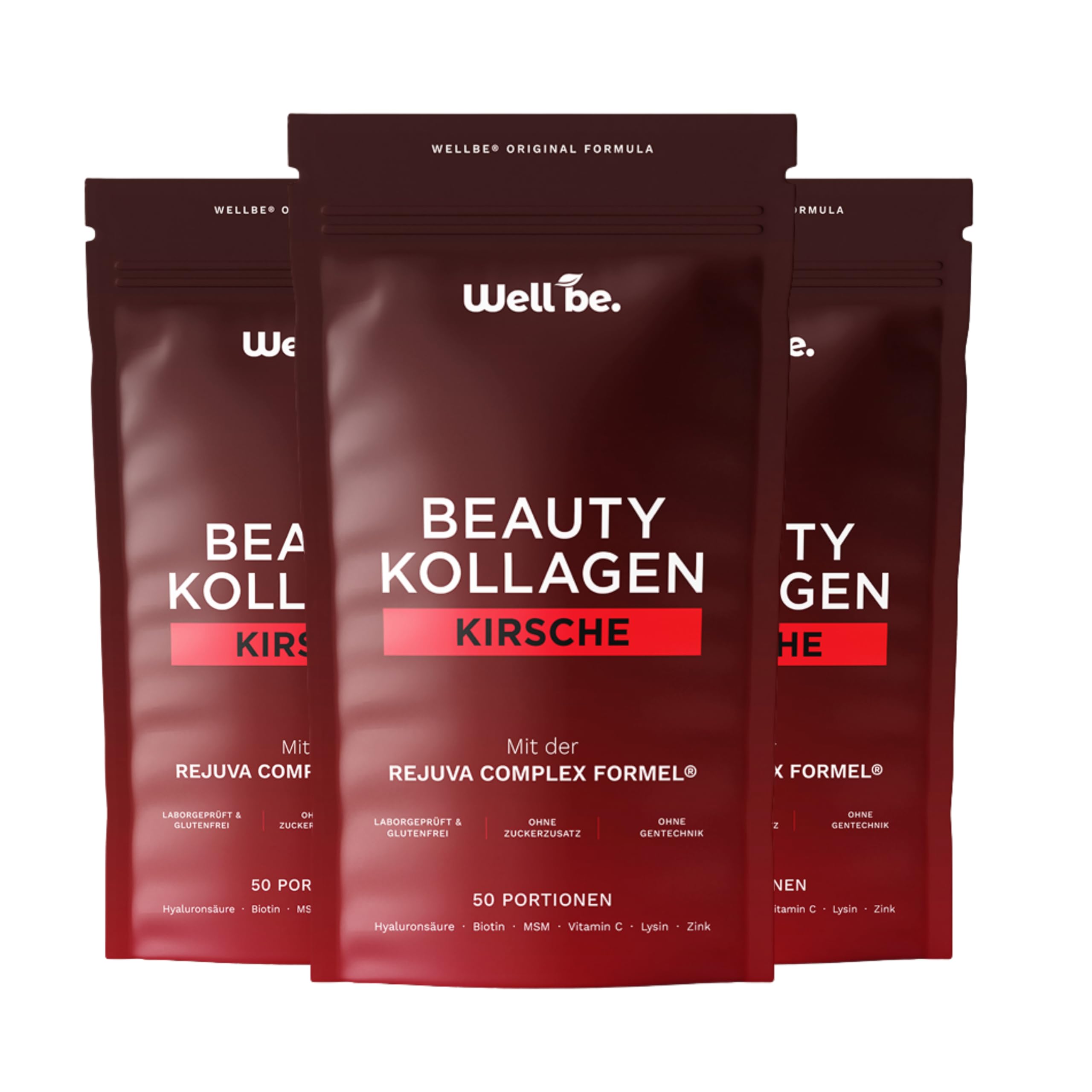 Wellbe Kollagen Pulver Kirsche - hochdosiert mit maximal bioaktivem Kollagen Hydrolysat, Biotin, Zink, Vitamin C & Hyaluron - Collagen Pulver - Kollagenpulver Peptide Made in Germany 3x250g