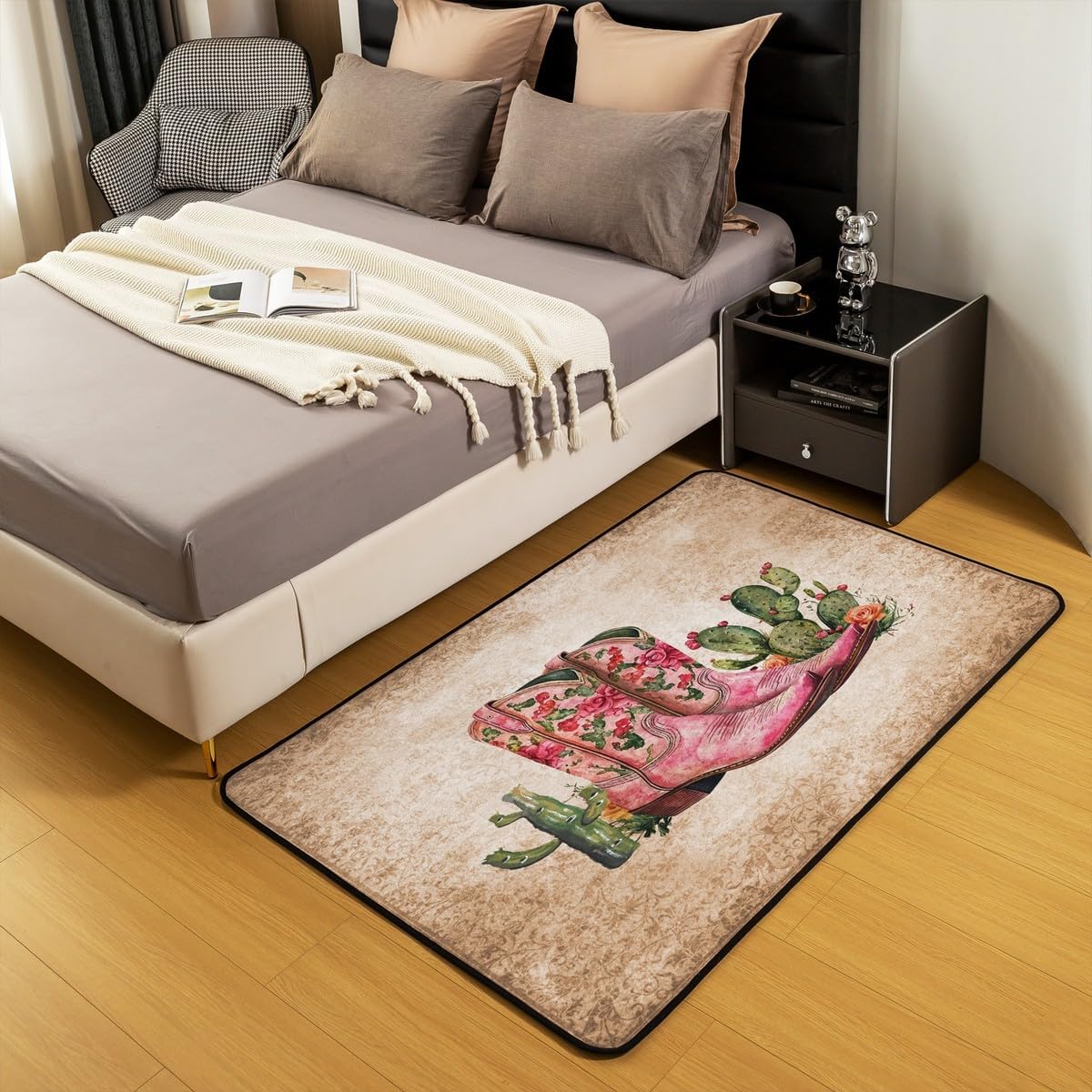 jejeloiu Pink Cowgirl Boots Area Rug 3x5 Western Aztec Living Room Rugs for Bedroom for Kids Boys Girls Decor Cactus Wild Cowboy Vintage Rustic Boho Decor Carpet Indoor Floor Mat Room Decor