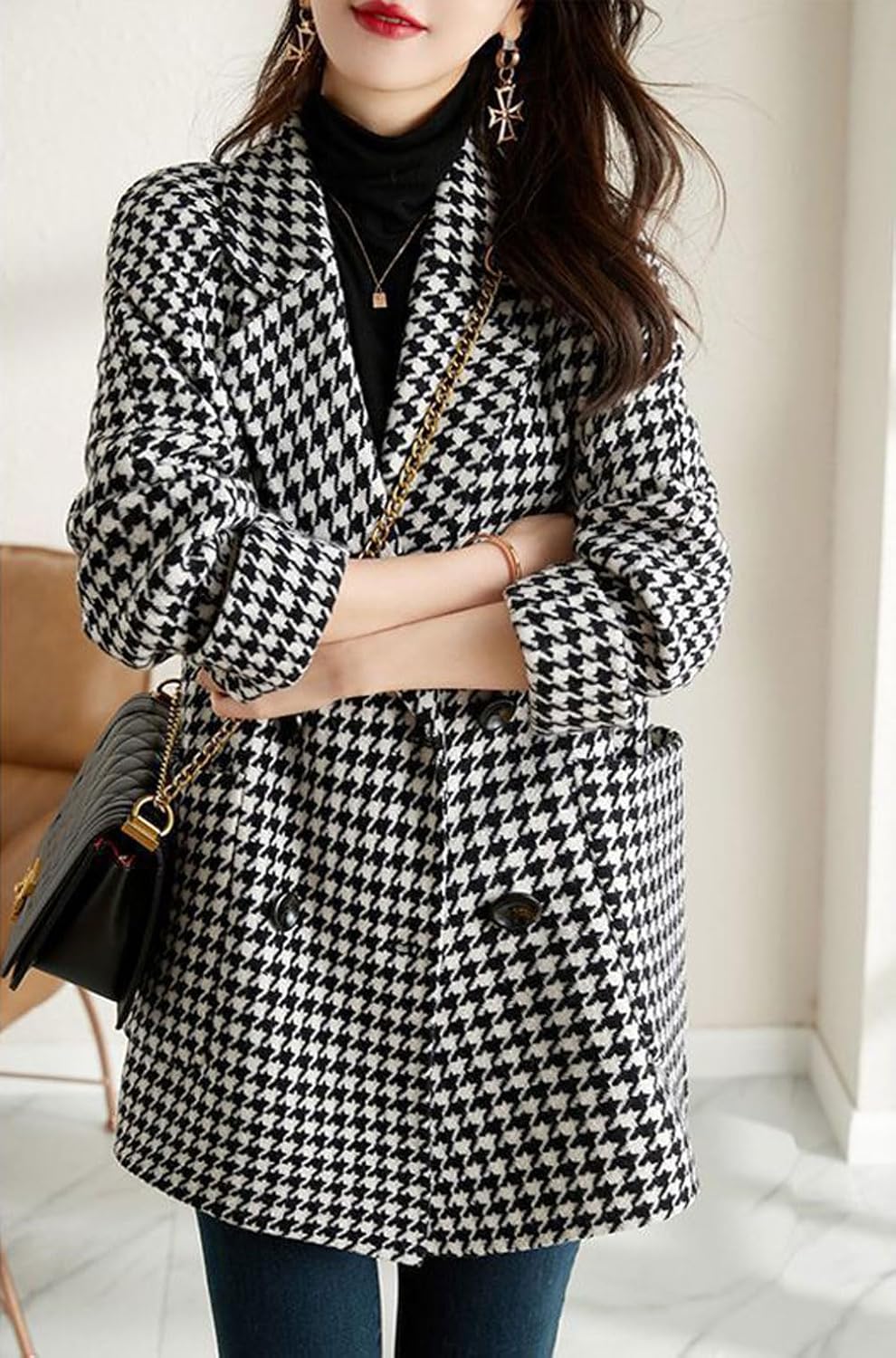 chouyatou Women's Winter Double Breasted Houndstooth Plaid Wool Pea Coat Notch Lapel Dressy Wool Trench Coat
