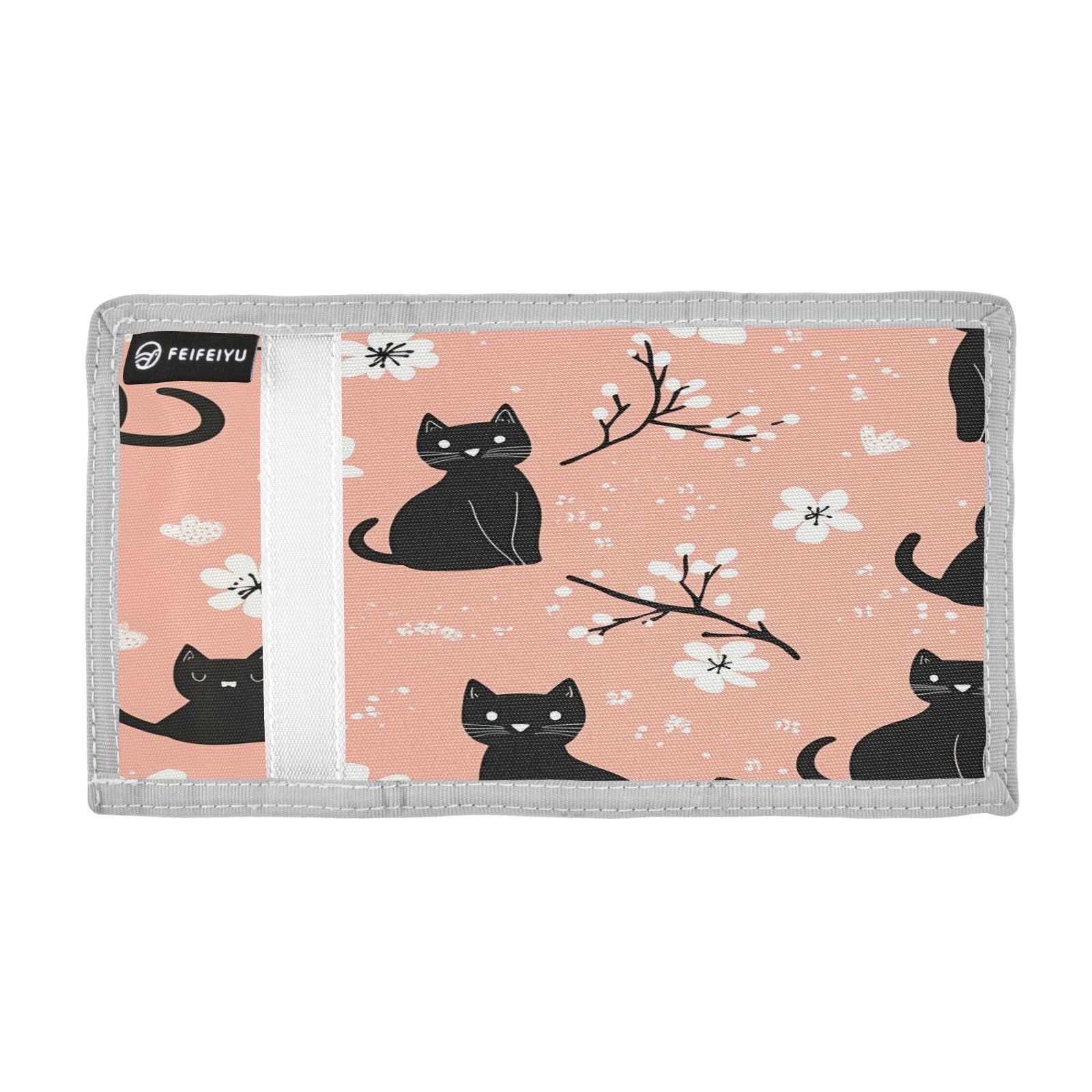 BOESI Doodle Black Cat and Flower Velcro Wallet, Canvas Wallet, Tri-fold Wallet, Unisex