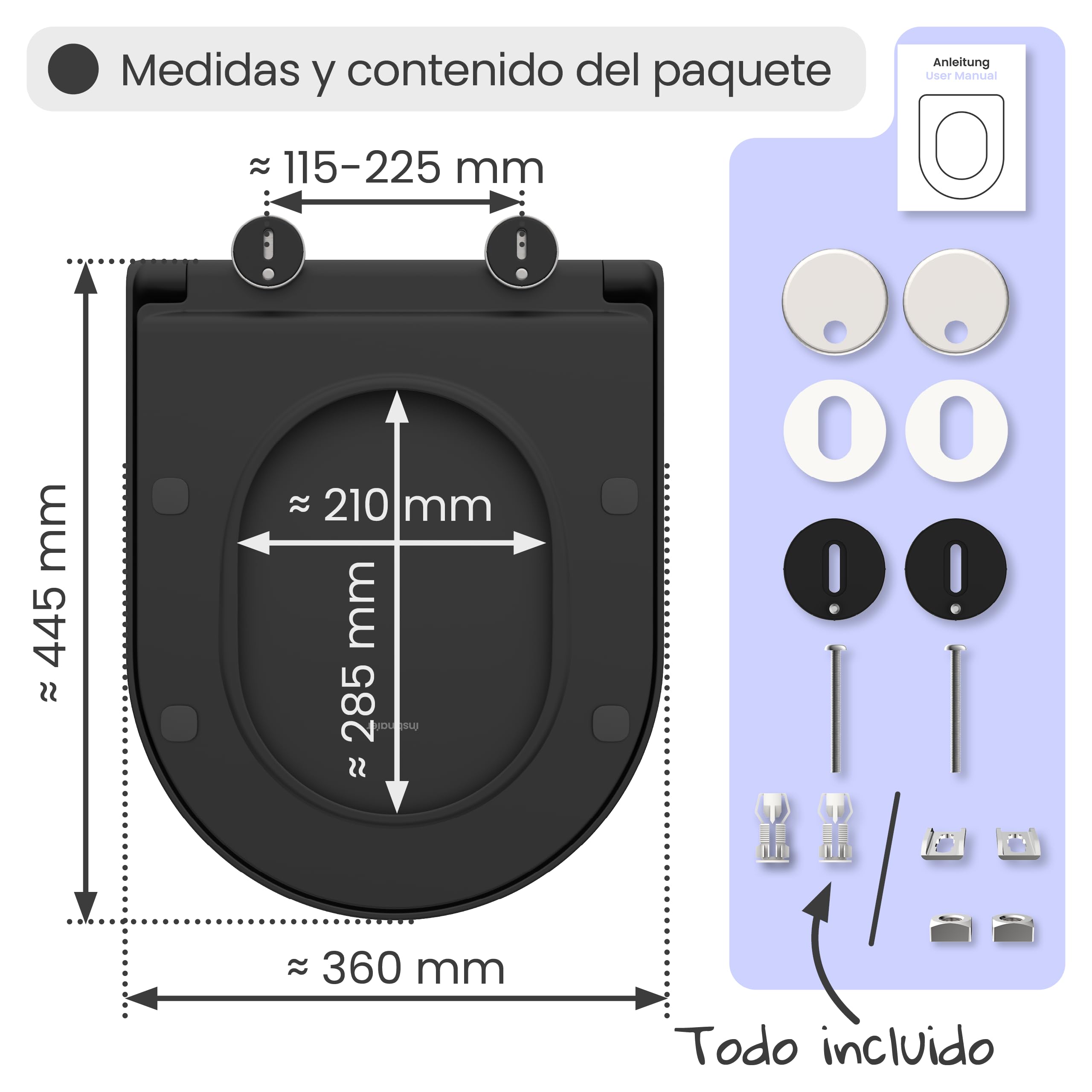 instmaier Tapa de inodoro con dispositivo de descenso automático, color negro mate, certificado TÜV, forma de D, asiento de inodoro de duroplast, función de liberación rápida