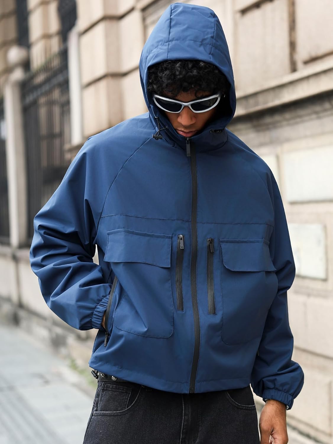 Men's Utility Hooded Jacket Full-Zip Outdoor Lightweight Windbreaker with Multiple Pockets Streetwear Bomber Jacket