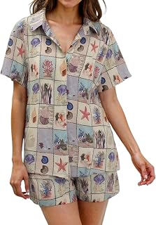 Traje de mujer con pantalones cortos, juego informal con camisa de manga corta y pantalones cortos de bolsillo con cordón para mujer, trajes de dormir de manga larga