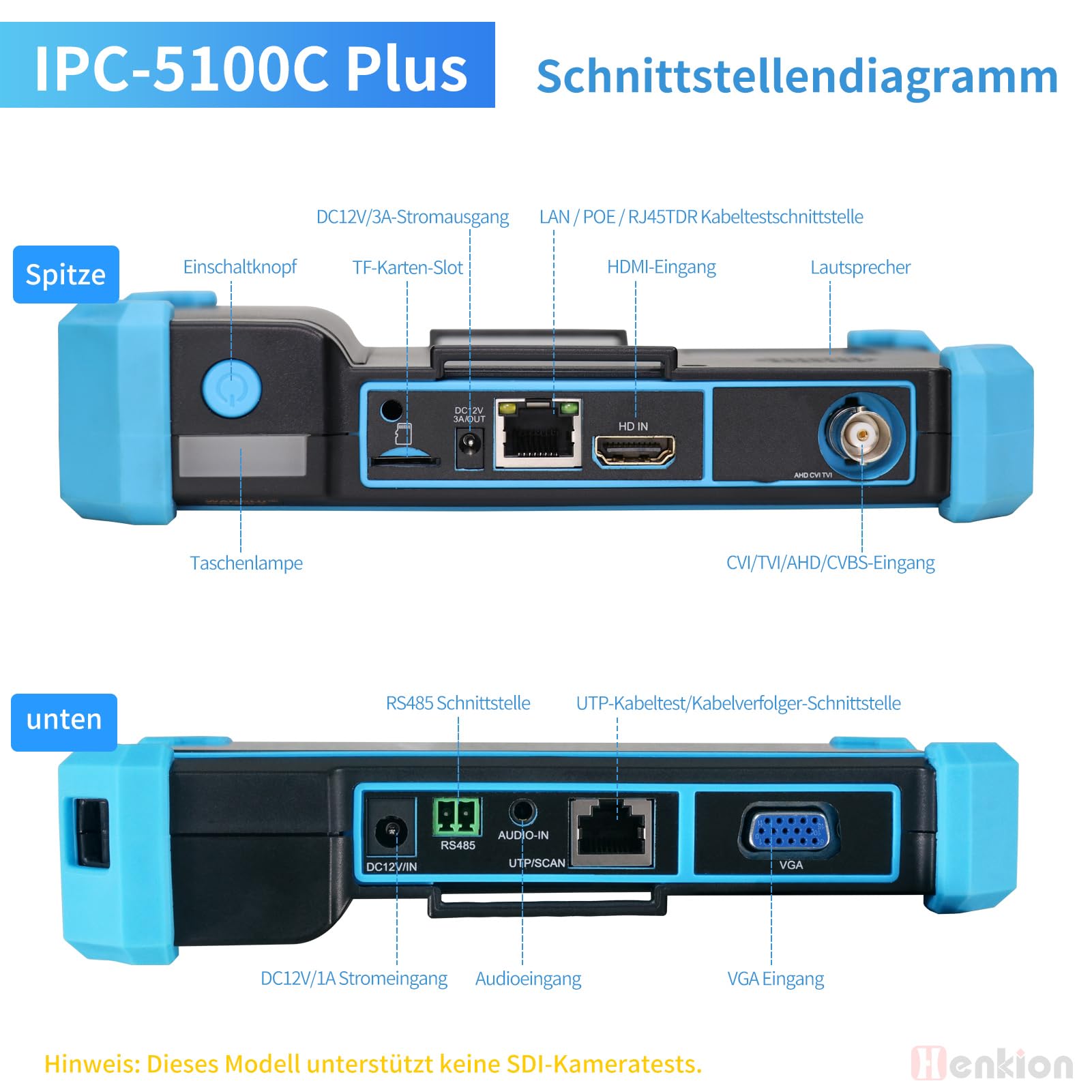 Henkion IPC-5100C Plus - Tester per fotocamera CCTV da 5,4 pollici, schermo touch, tester CCTV, 12 MP, IPC e 4 K, 8 MP, TVI CVI AHD, tester per cavo di prova per fotocamera POE HDMI VGA WiFI RS485