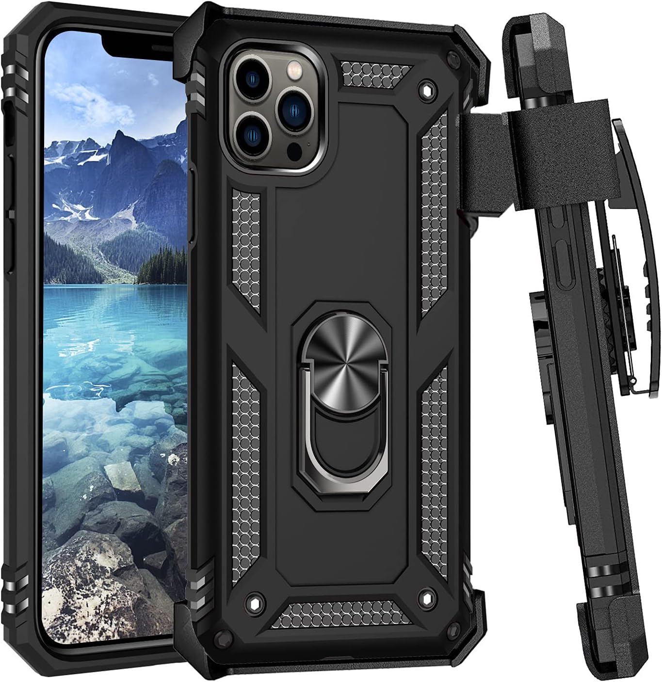 Case for iPhone 12 Case,Military Grade Heavy Duty Phone Case and Belt Clip Holster [Kickstand Function and Work with Magnetic Car Mount] Shockproof Cover for iPhone 12 Pro (Black)