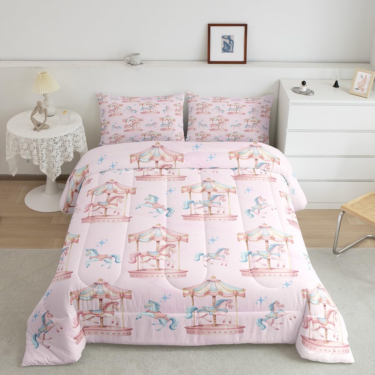 Parure de lit 3 pièces couette licorne et deux taies d'oreiller pour décoration princesse
