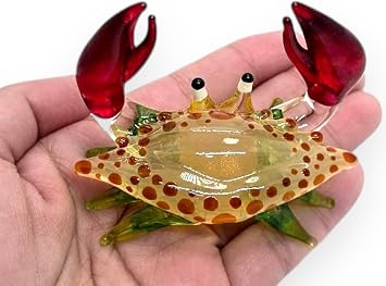 ChangThai Design Tiny 234" Green Red Crab Figurine - Miniature Hand Blown Glass Sea Animals Fish Marine Crustaceans Ocean Creatures Colorful Crystal Decorative Figures Collectible Figurines Decor Gifts