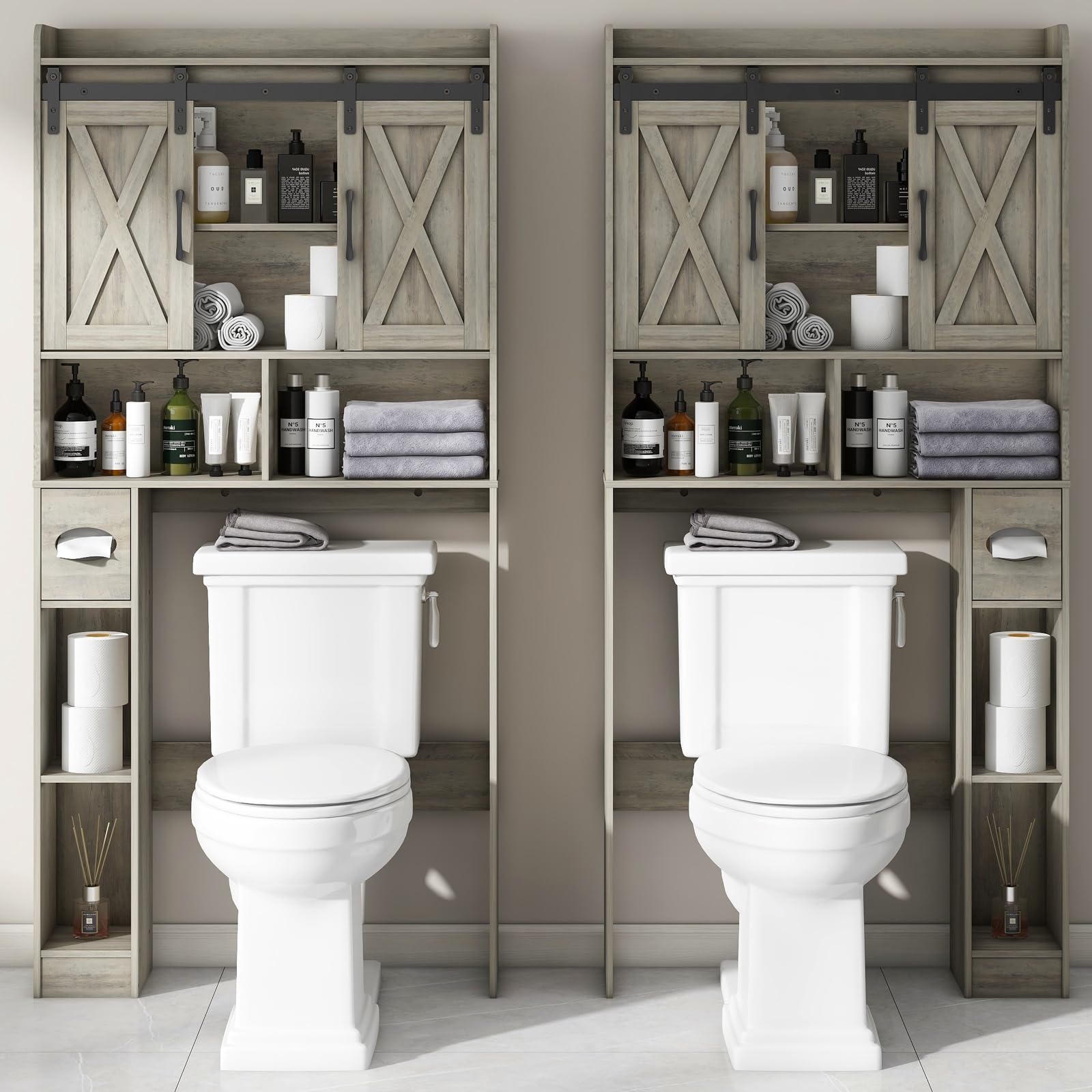 Vabches Over The Toilet Storage Cabinet, Farmhouse Storage Cabinet Over Toilet with Barn Door, Home Space-Saving Toilet Rack, for Bathroom, Restroom, Laundry（Black）.: Grey Sliding Doors