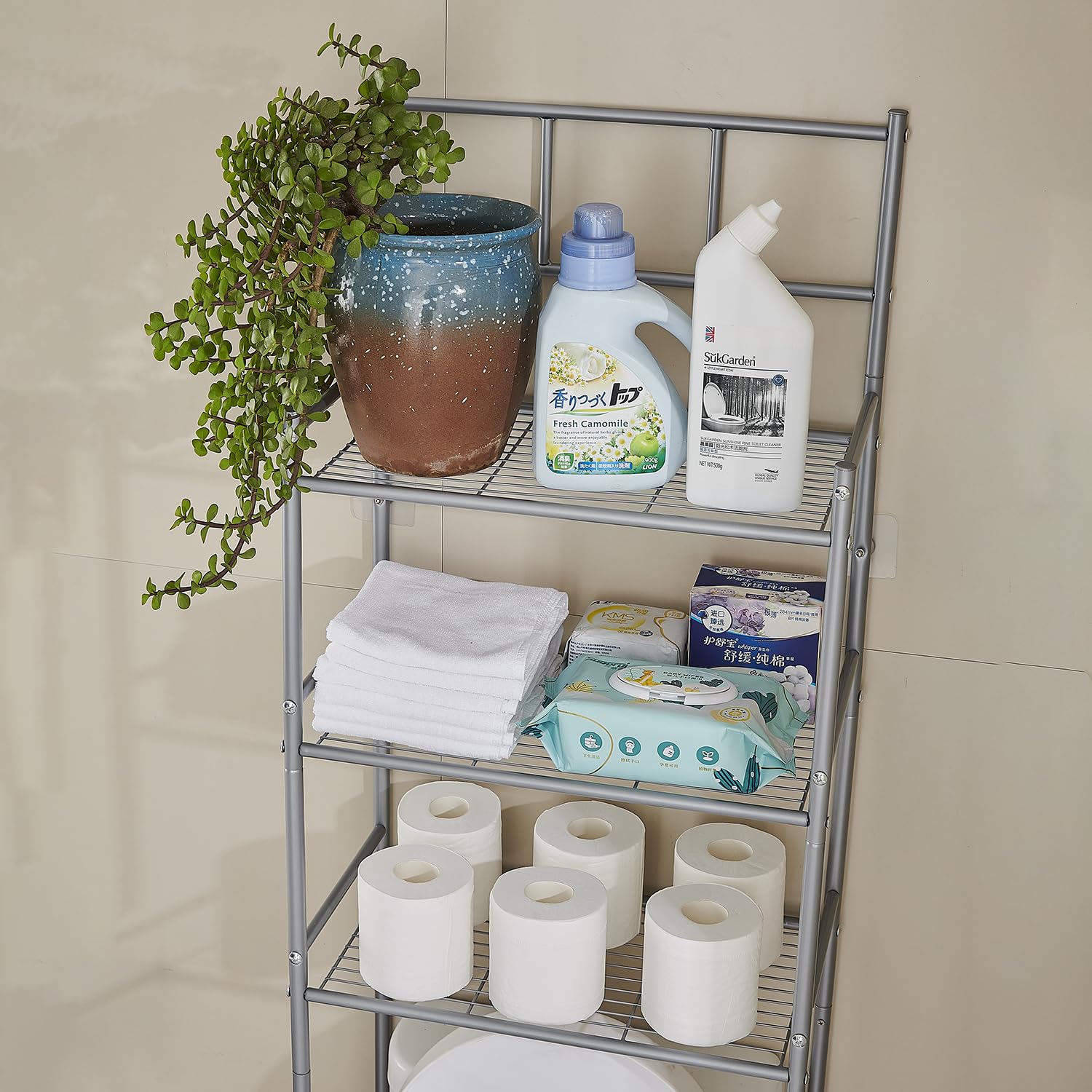 Mobile Sopra WC, Scaffale Sopra Toilette a 3 Livelli | Mensola Portaoggetti Indipendente Metallo, Mobile Bagno Sopra WC Salvaspazio Multifunzione, Scaffale Sopra Lavatrice, Grigio