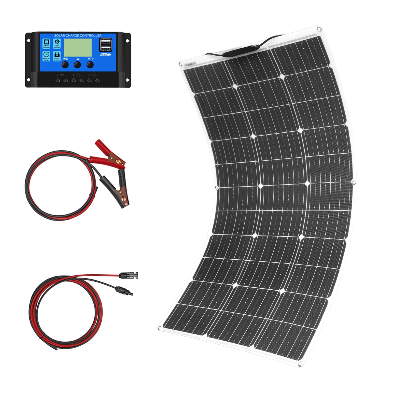 Monokristallines Solarpanel Kit System 100W Flexibles Solarmodul 10A 12V/24V Solarladeregler Marine Solarkabel LKW Dach, Off-Grid-System, Camping, 12V Batterie, Balkon Solarsystem