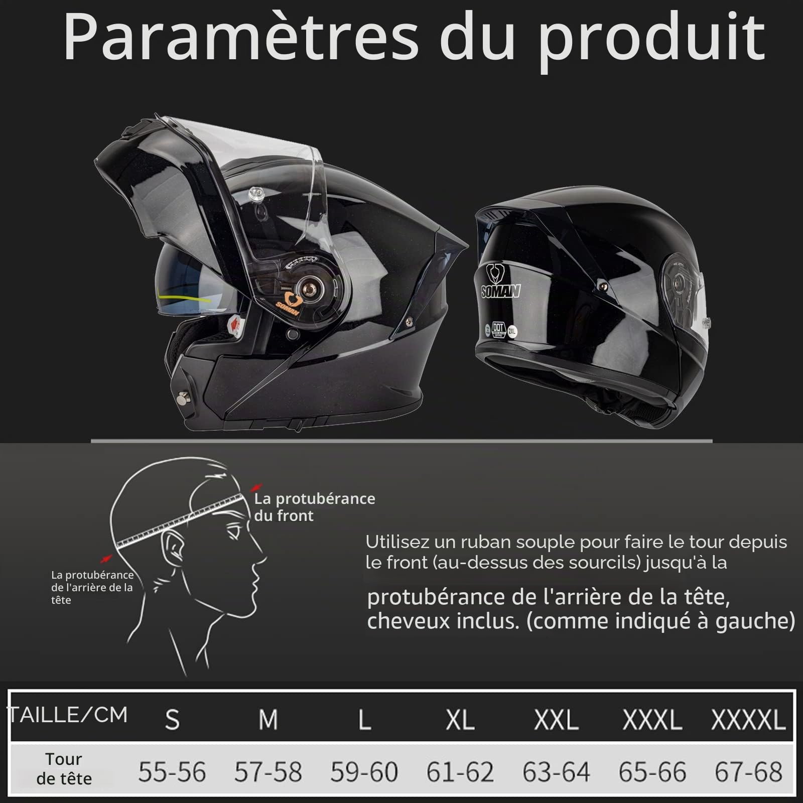 Casque Modulable Moto Scooter Casques Integral Modulables ECE/DOT Homologué Casques de Moto Homme et Femme avec Double Visière, Noir-4XL(67~68cm)