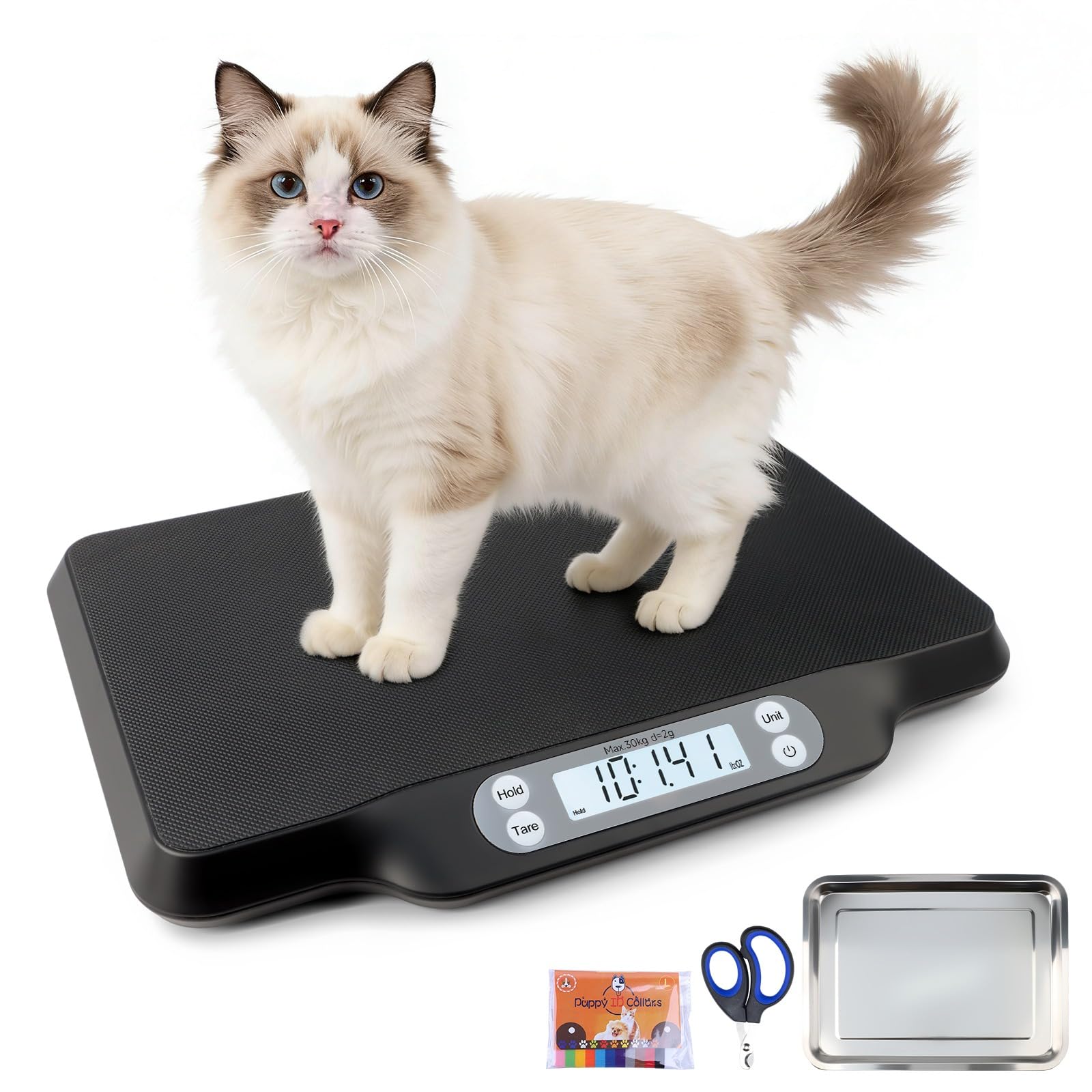 Digitale Haustierwaage für genaues Wiegen und Babywaage, Kätzchenwaage, hochpräzise Welpenwaage, Hunde- und Katzenwaage, 30 kg Kapazität, 2 g Genauigkeit, rutschfeste Matte, Tara- und Haltefunktion