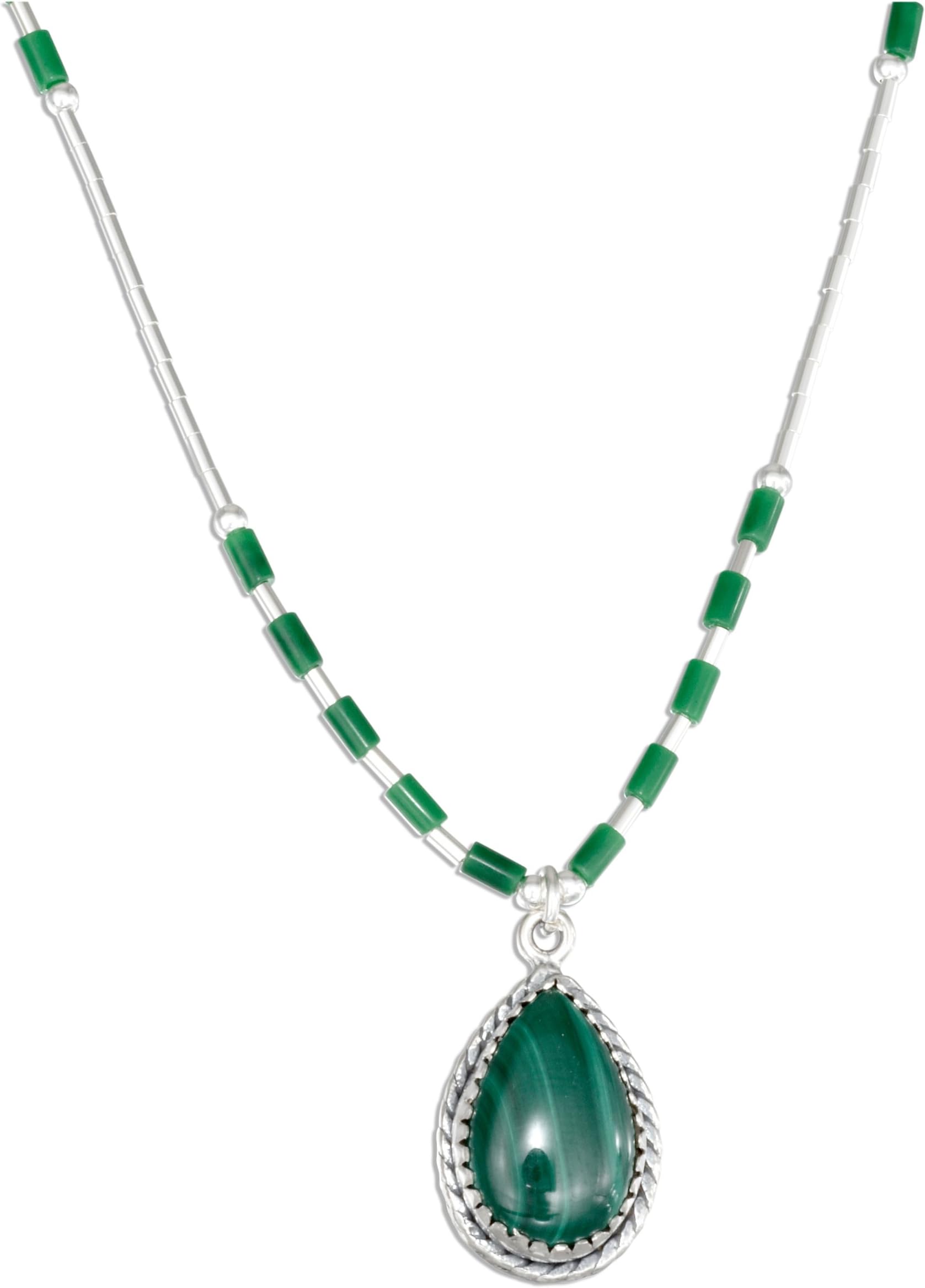 Sterling Silver 925 16 inch Liquid Silver Teardrop Simulated Malachite Necklace