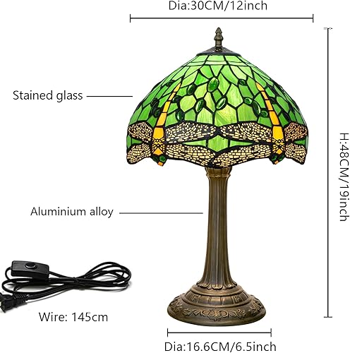Miniatura 9 de Tiffany - Lámpara de mesa de cristal de libélula verde, 12 x 12 x 18 pulgadas, estilo libélula verde, luz de lectura, decoración al lado del