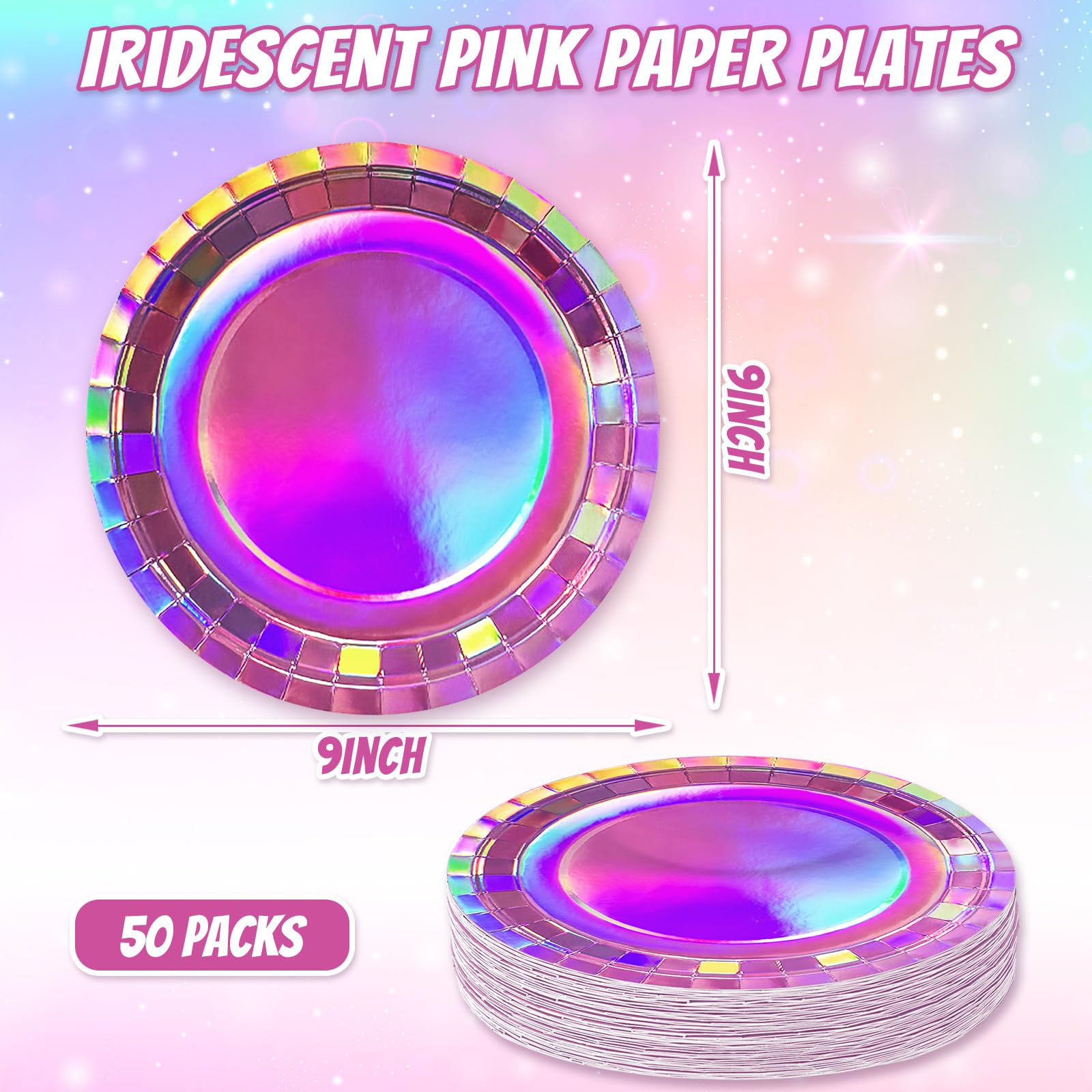 JarThenaAMCS 50 platos de papel rosa iridiscente holográficos desechables de color rosa intenso de 9 pulgadas, platos redondos de postre para discoteca, despedida de soltera, fiesta de cumpleaños