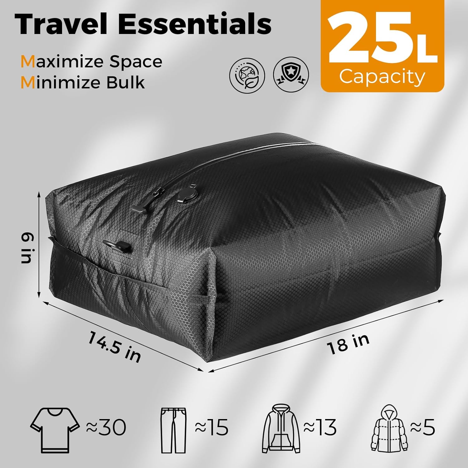 Travel Vacuum Seal Bags with Wireless Rechargeable Pump, 25L Durable Reusable Compression Packing Bags for Carry-On Suitcase & Backpack, IP67 Waterproof Space Saver Kit (2 Pack)