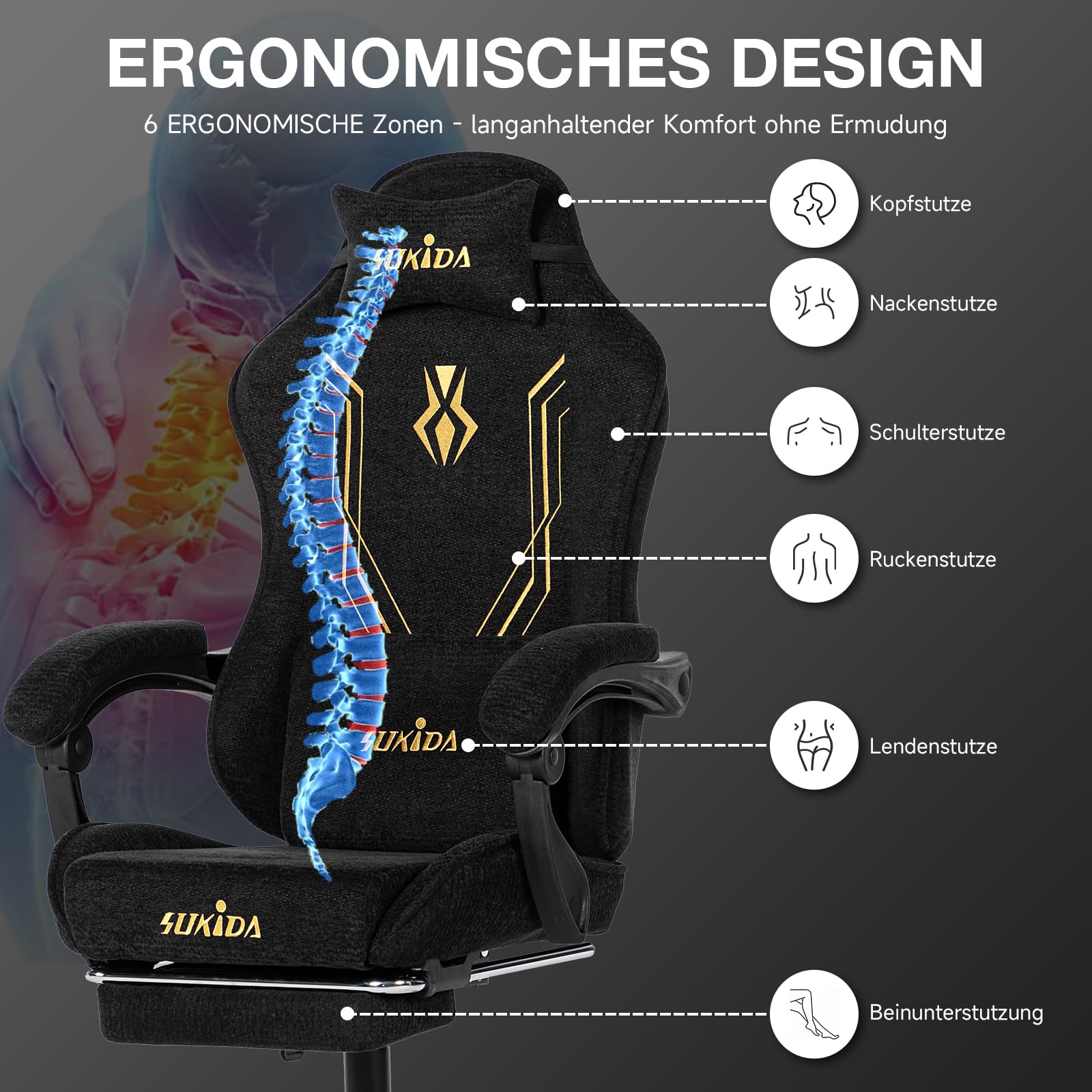 SUKIDA Gaming Stuhl Stoff Ergonomisch, Chenille Gaming Chair mit Fußstütze, Kopfstütze und Lendenkissen, Höhenverstellbarer Schreibtischstuhl mit Atmungsaktivem Stoff, 150 kg,Schwarz