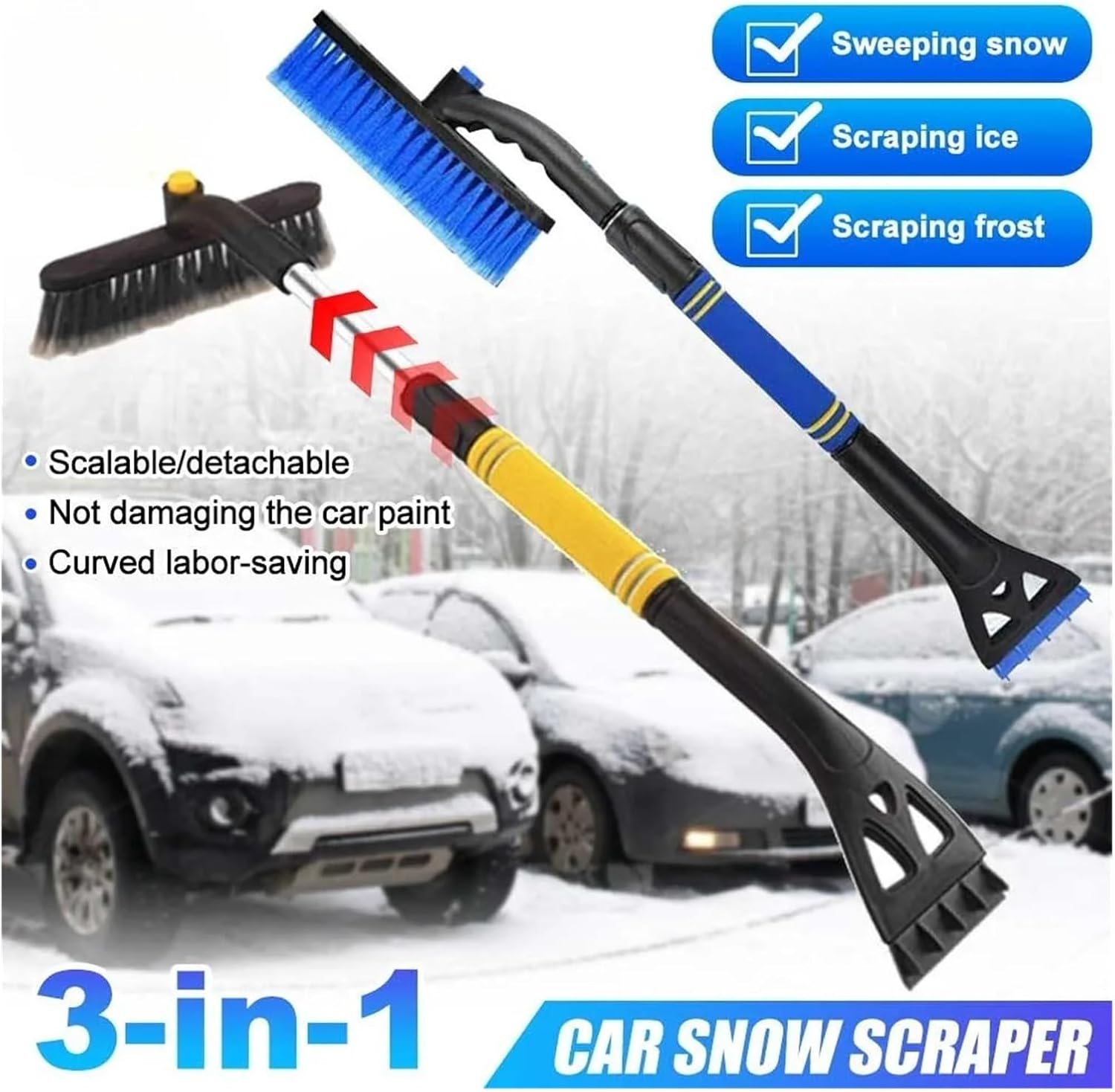 3 in 1 Retractable car Snow Shovel with Brush - Removable ice Scraper Winter defrost and Snow Removal, ABS, Yellow(Blue)