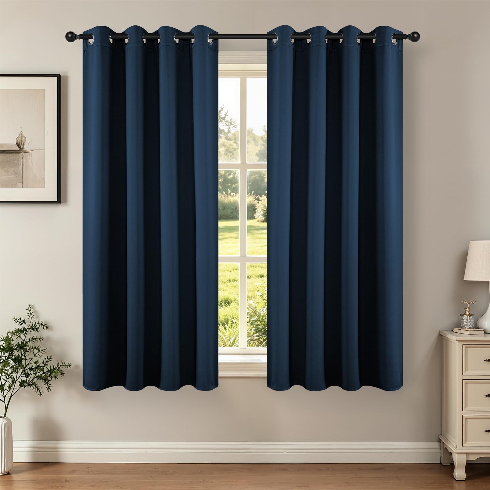 Joydeco Navy Blue Blackout Curtains 63 Inch Length 2 Panels Set, Thermal Insulated Long Curtains& Drapes 2 Burg, Room Darkening Grommet Drapes For Living Room Bedroom Window (W52 X L63 Inch, )