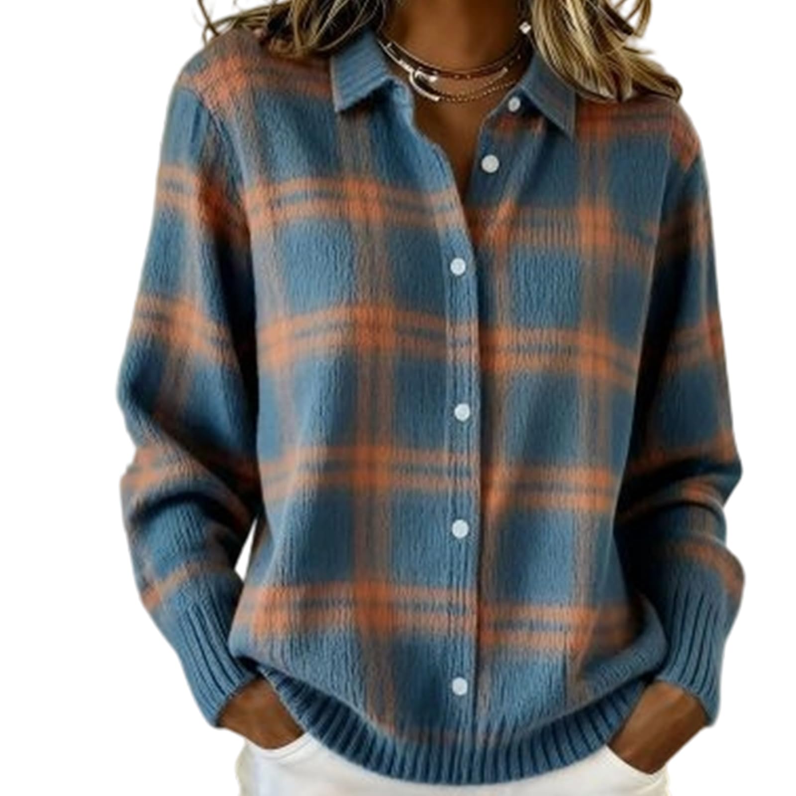 Womens Plaid Print Casual Cotton Buttoned Cardigan Sweater Breathable Plaid Easy-Match Perfect for Home Daily Use