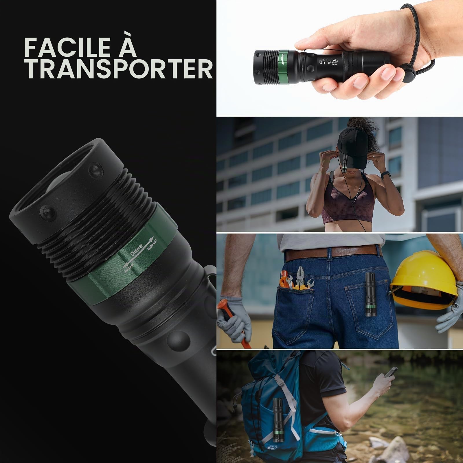 ULTRAFIRE Lampe torche LED 27,9 cm, 250 lumens, sûre, 3 modes incl. clignotant rouge, baguette de circulation, aéroport, pompiers, urgence, UF-303