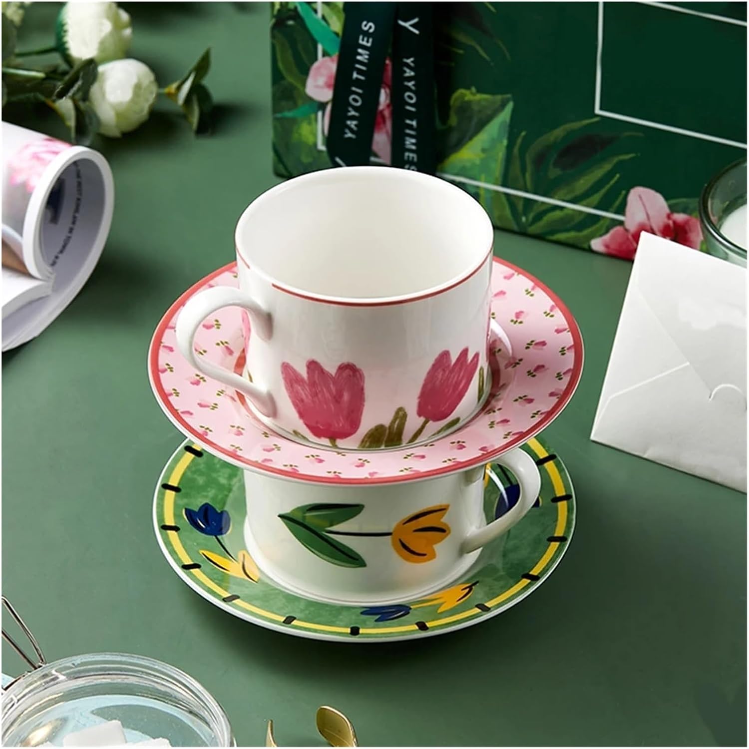 Cup And Saucer Set Pink Tulip Ceramic Coffee Cup Saucer Set Ins Afternoon Tea For Kitchen Cafe