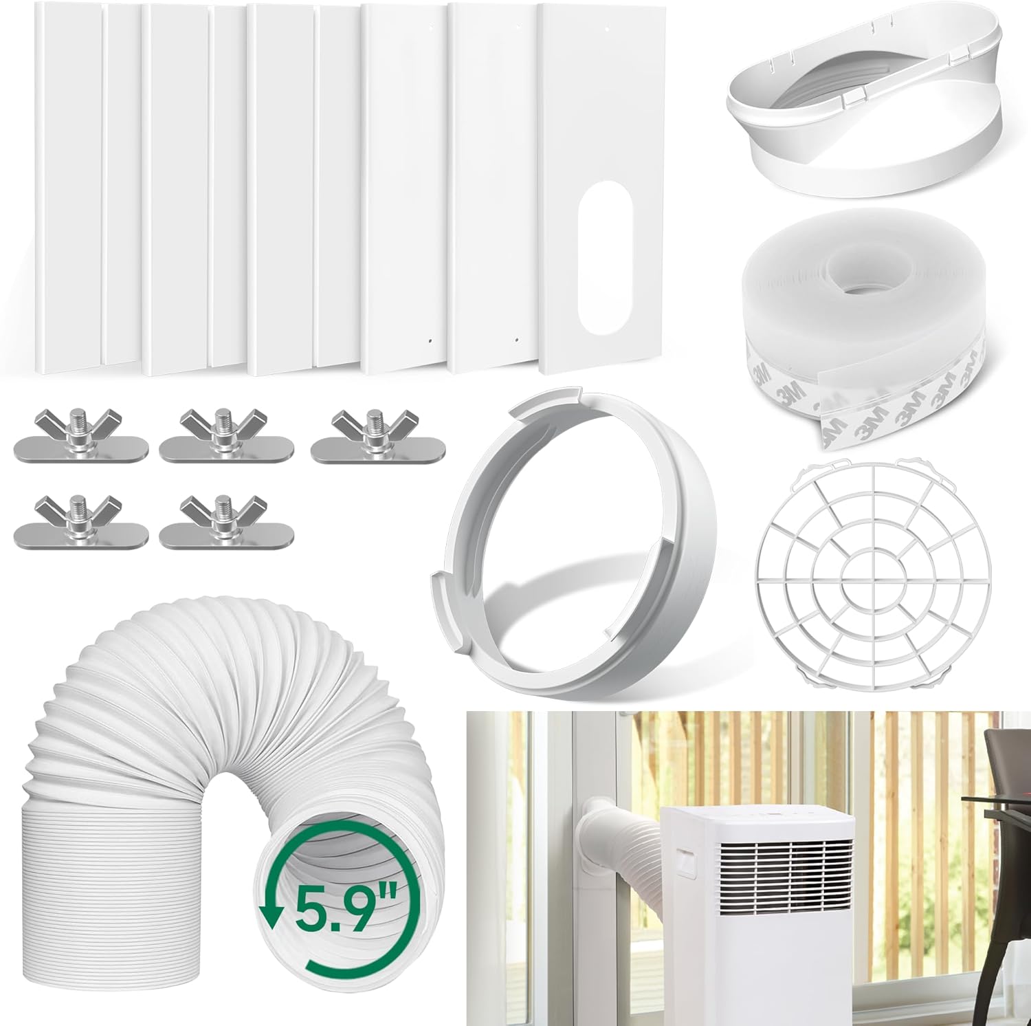Portable Air Conditioner Window Vent Kit, 12Pcs with 6 Slide Seal Plates & 5.9 Exhaust Hose, Adjustable Portable AC Window Kit for Ducting Universal for Sliding Horizontal & Vertical Windows