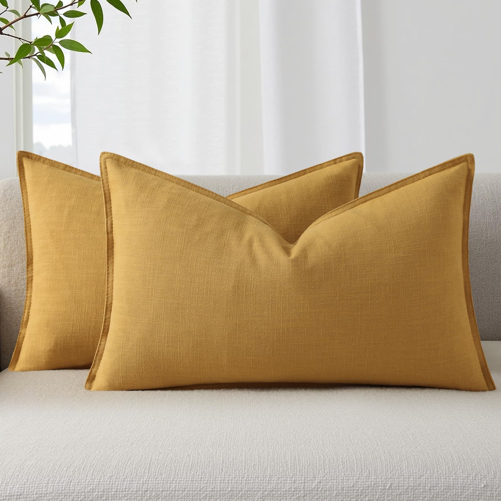 decorUhome Fall Mustard Yellow Linen Throw Pillow Covers 12x20 Set of 2