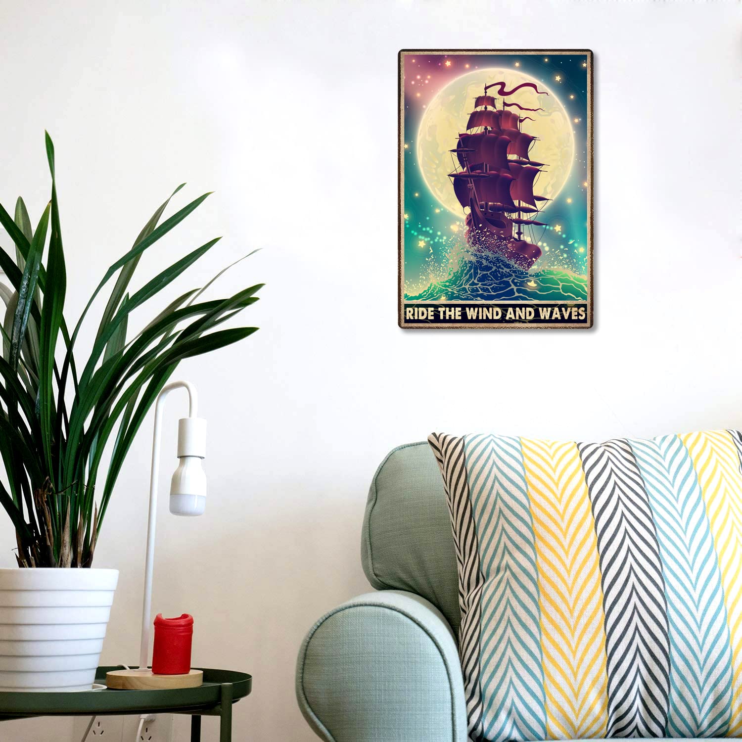 Targa In Metallo Vintage 'Cavalca Il Vento E Le Onde' - 20x30 Cm, Decorazione Parete Con Barche E Luna, Motivazionale
