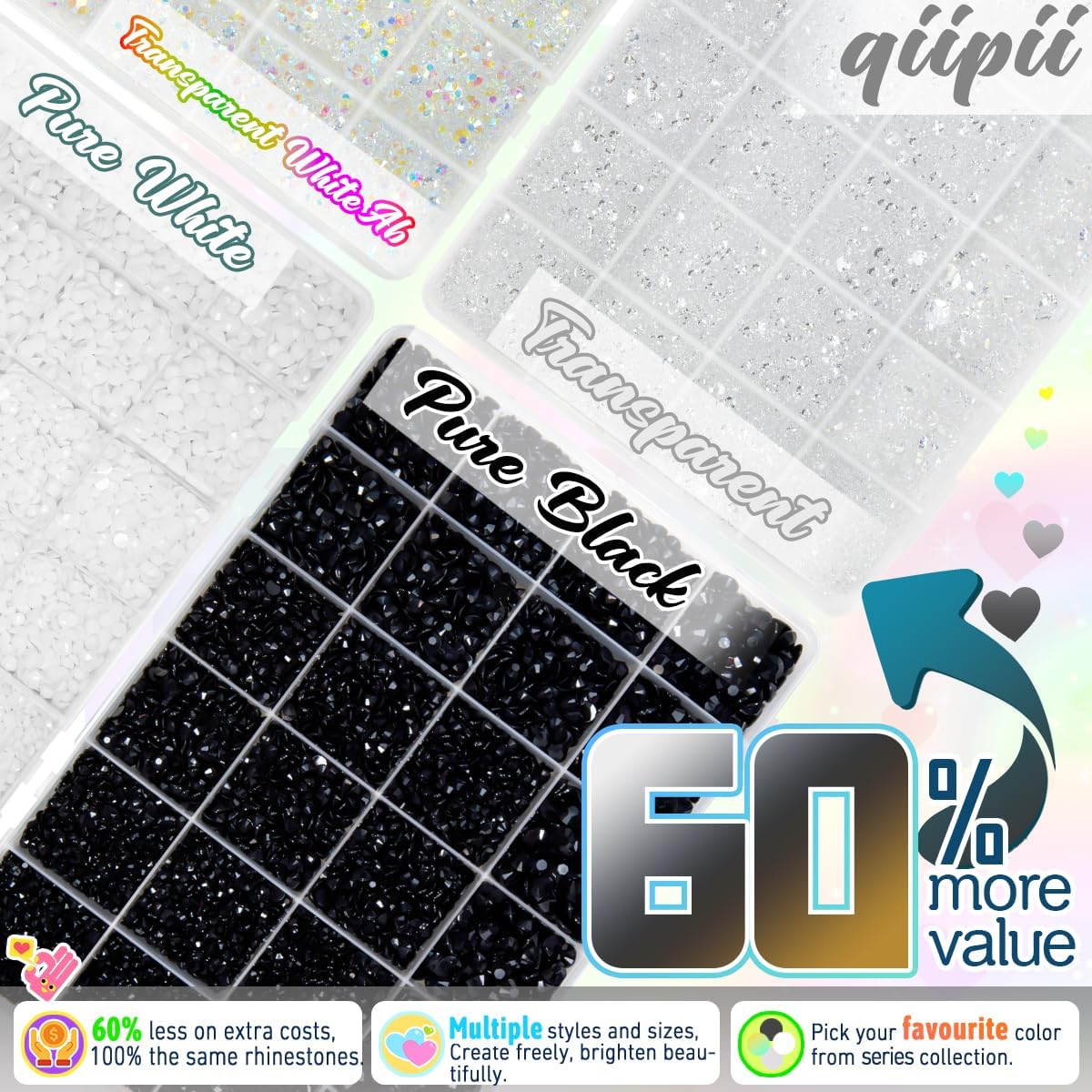 qiipii 4 Colors 2-6mm Black White Transparent Jelly Resin Rhinestones w B7000 Jewelry Glue for Bedazzling Crafting Flatback Stones Gems Diamonds for Nails Face Eyes Makeup Tumblers Bottles DIY Crafts