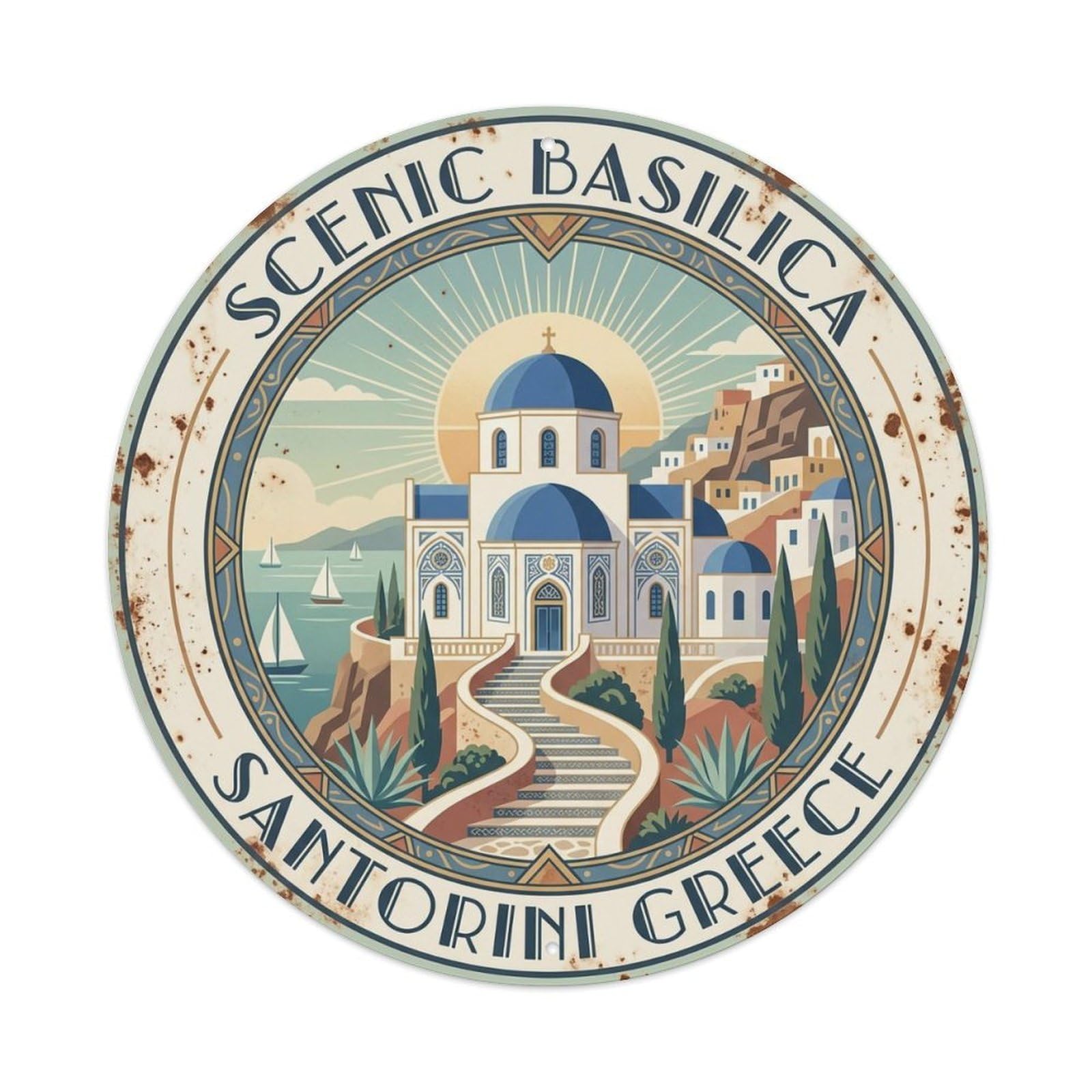 Fqnyr Style Metal Tin Sign Vintage Travel Basilica Santorini Scenic