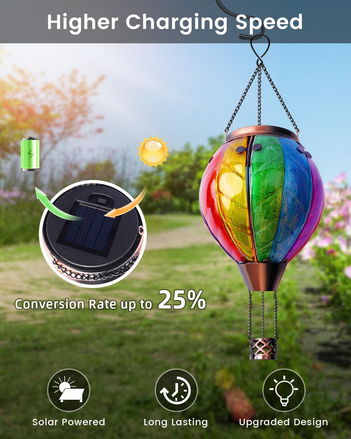 Luxvista Hot Air Balloon Solar Lantern, Rainbow Stain Glass LED Lights, Waterproof Hanging Solar Lantern with Flickering Flame Light for Yard Tree & Outdoor Garden Decor, Made of Glass, Easter Lights