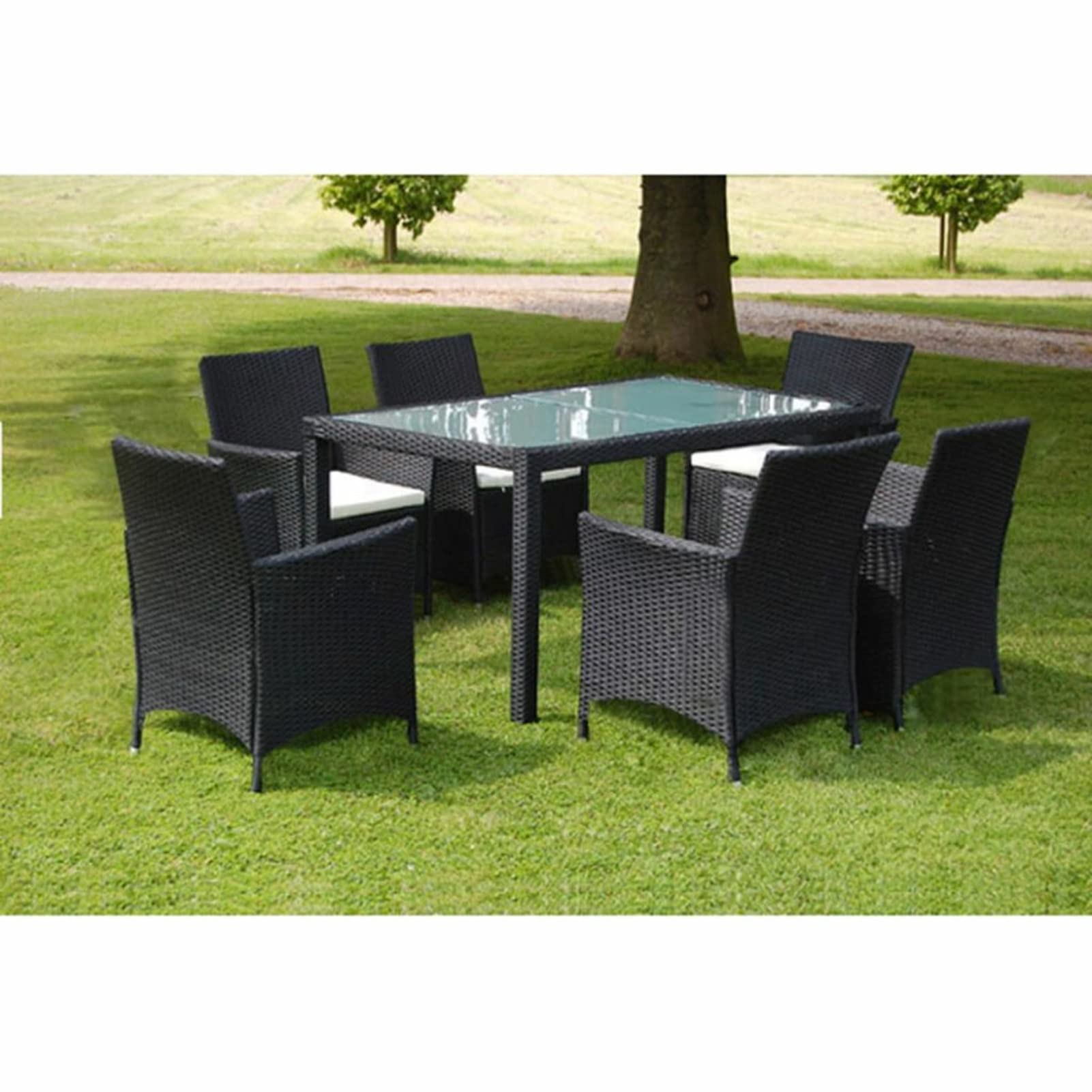 Gaseeto Rattan Essgruppe für 6 Personen Gartenmöbel Set, Garten Sitzgruppe in Schwarz und Weiß, Rattan Gartenmöbel Set Sitzgarnitur mit Auflagen, Gartengarnitur, Balkonmöbel Set Terrassenmöbel Garten