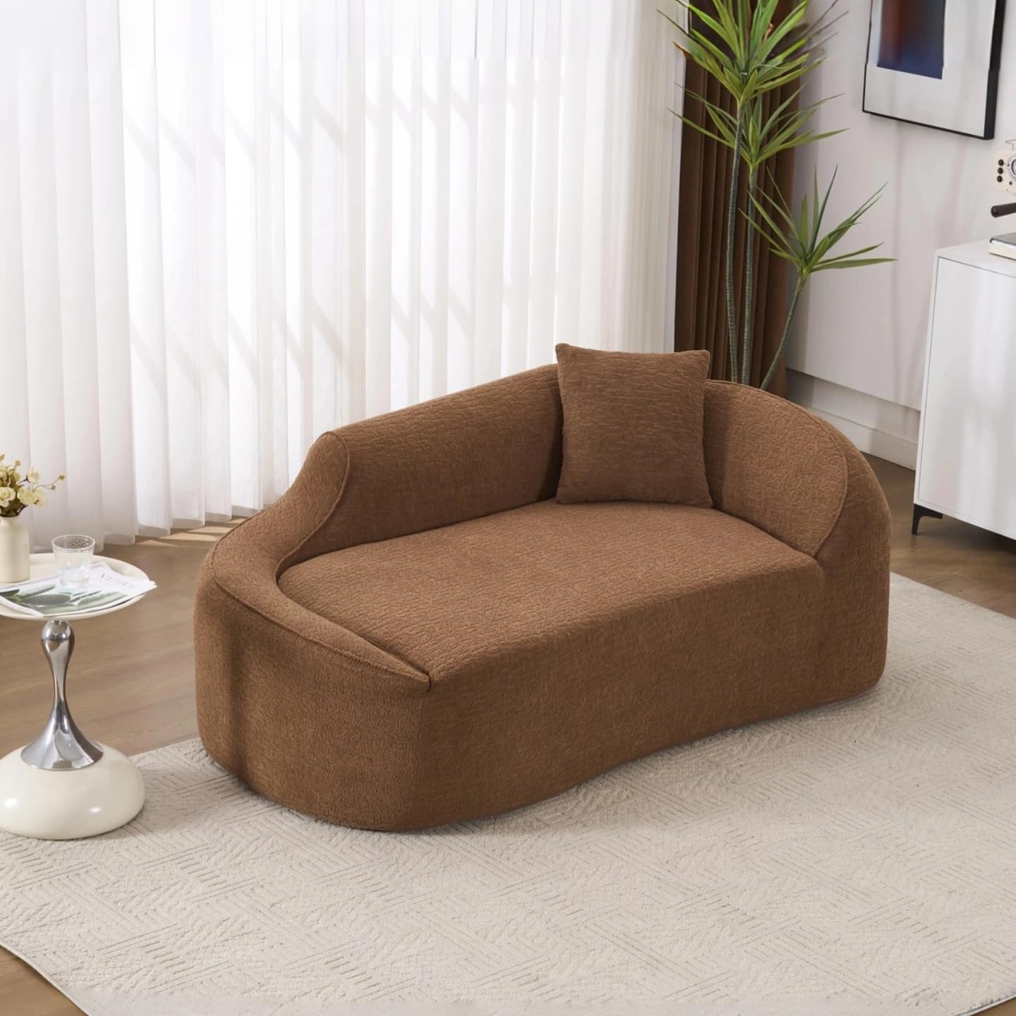 67" Chaise Lounge Chair Indoor,Modern Curved Chenille Lounge Couch, Comfy Reading Chair for Bedroom, Dorm & Small Living Spaces,No Assembly Required (Caramel)