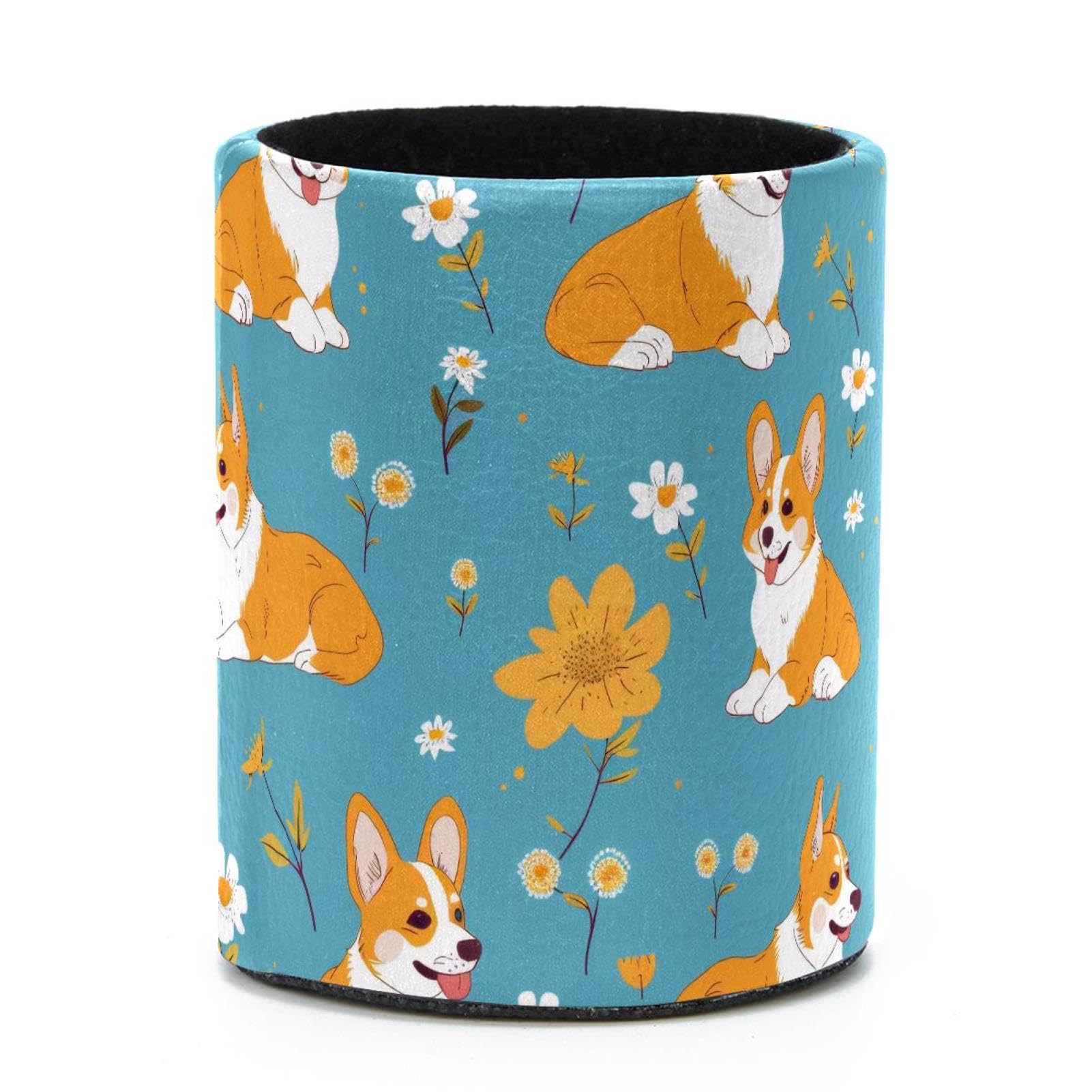 VAPOKF Round Pencil Holders for Desk, Corgi and Florals Pen Holders Pen Pot Makeup Brushes Storage Desktop Stationery Supplies Organiser for Home Office