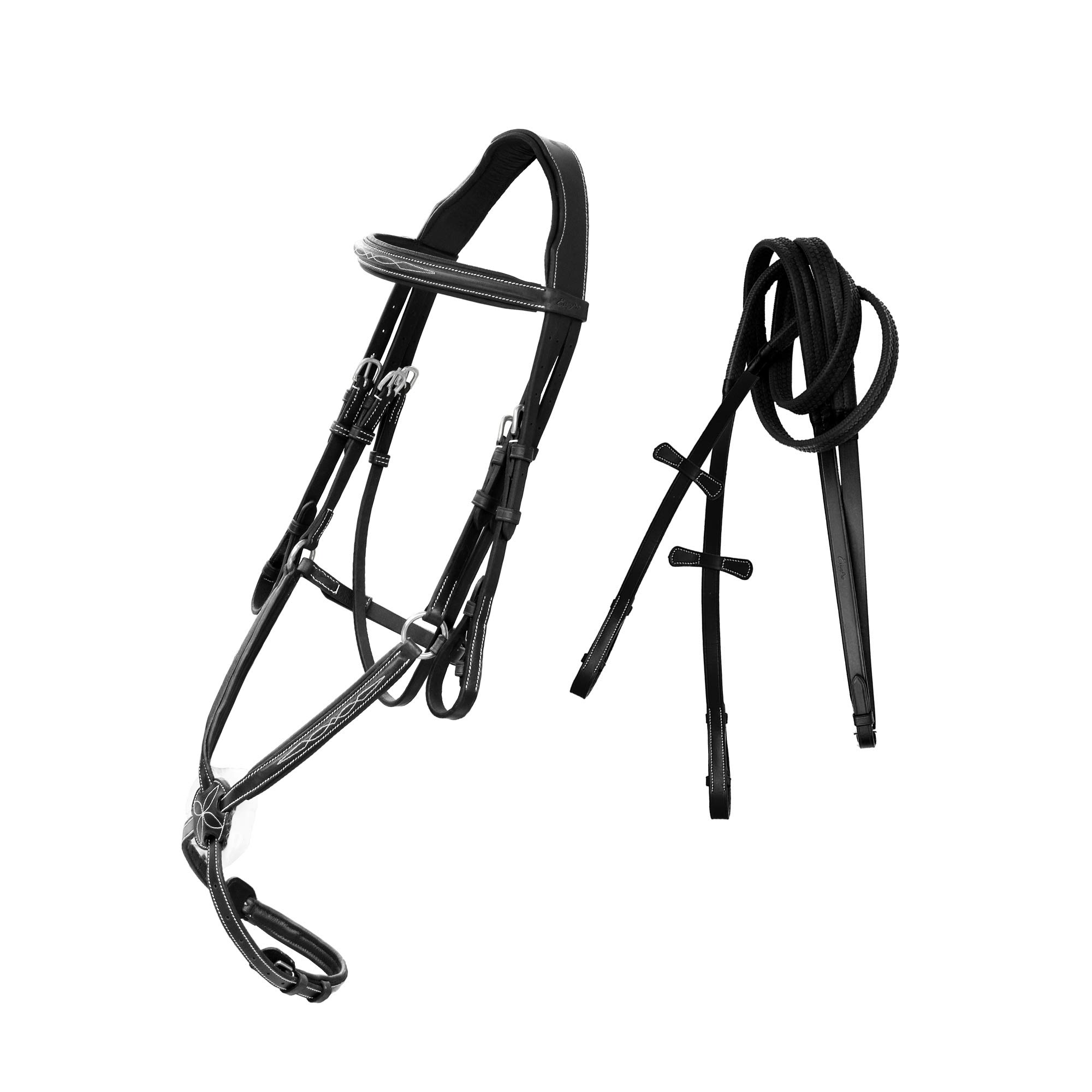 Exion Jumping Horse Bridle | Anatomical Figure 8 Bridle with Fancy Stitching & Padded Grackle Noseband | Rubber Grip Reins & Brass Buckles | English