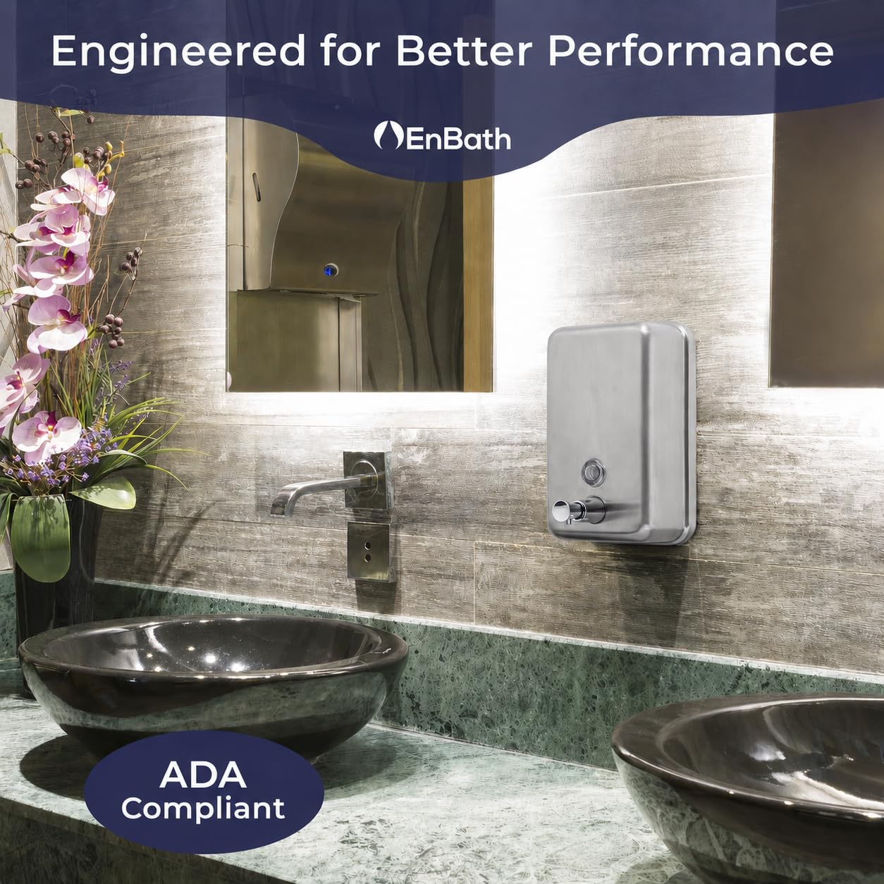 EnBath, dispenser di sapone commerciale da parete, in acciaio inox, per bagno, design di qualità superiore, con pompa anti-perdite e rivestimento anticorrosione, 1.100 ml