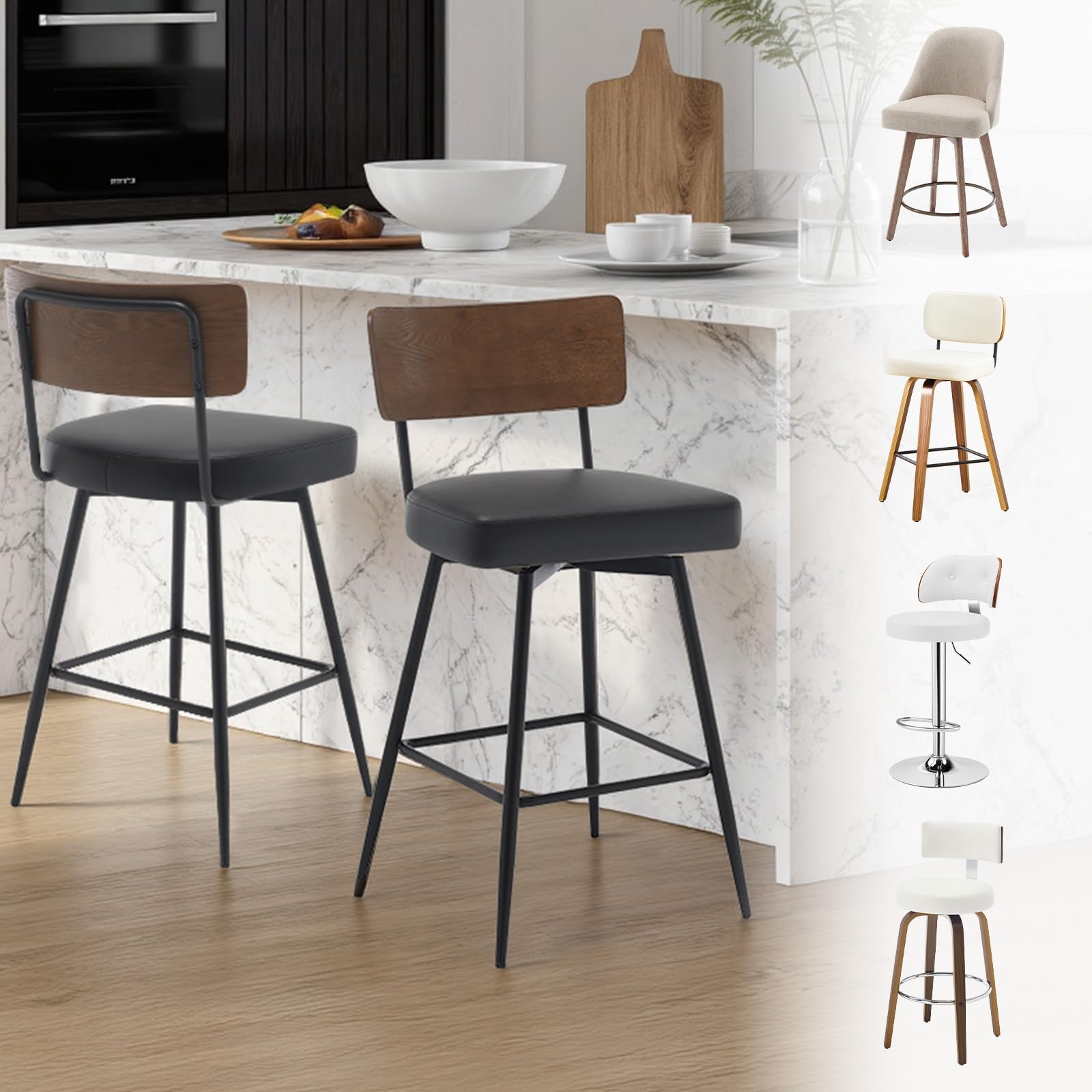 Bekrivo Bentwood Swivel Bar Stools Set of 2,Counter Height Upholstered Faux Leather Barstools with Wood Backs and Metal Legs, 65cm Seat Height for Kitchen Island Dining Room