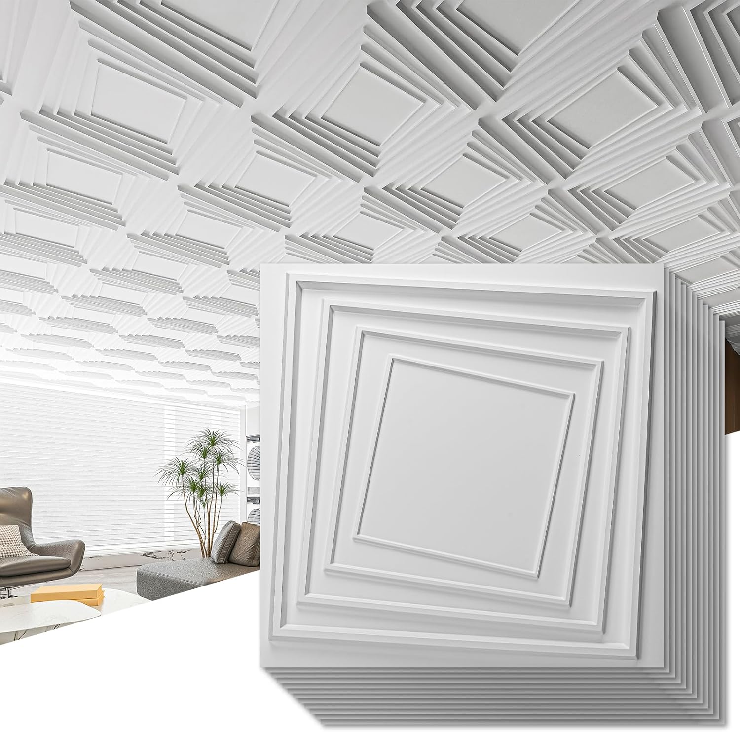 Art3dwallpanels Ceiling Tiles 24 x 24 Drop Ceiling Tiles, Drop in PVC Wall Panels for Interior Wall Décor, Fire Rated, Waterproof, Light Weight, Cover 48 Sq.Ft, 12 Pack, White
