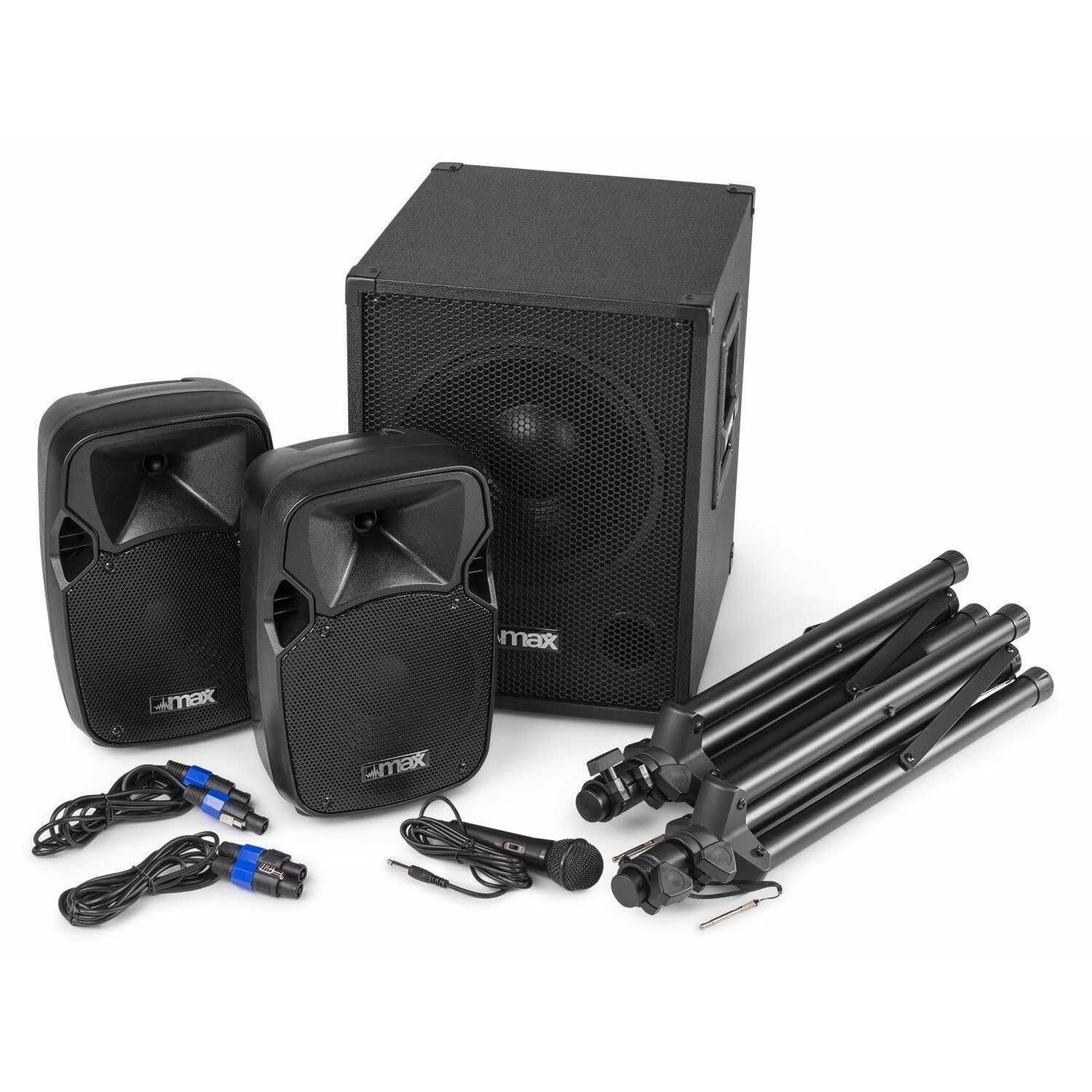 MAX MX700 DJ Boxen Set mit einem aktiven 12 Zoll Subwoofer und Zwei Passive 8 Zoll Lautsprecher, 700 Watt PA Anlage Komplettset für Mobile DJs und Musiker auf kleinen Veranstaltungen, Schwarz