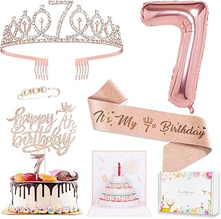 7th Birthday Decorations for Girls - Cake Topper, Queen Sash With Pearl Pin, Rhinestone Tiara Crown, Number Candles and Balloons Set, Rose Gold
