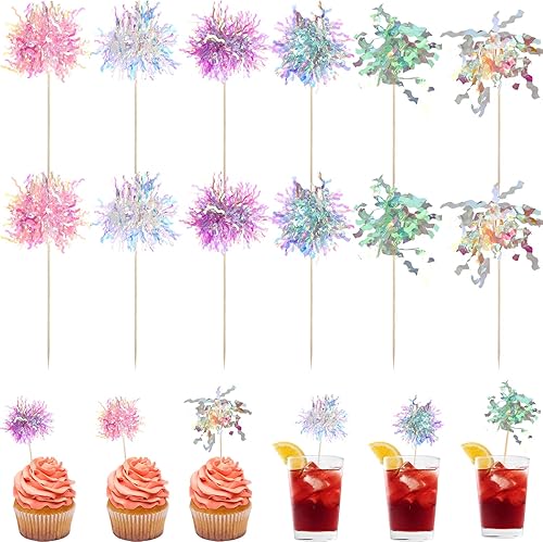 Miniatura 7 de 240 piezas de adornos para magdalenas de fuegos artificiales, palillos de dientes con volantes, decoración de pasteles, adornos de oropel brillante