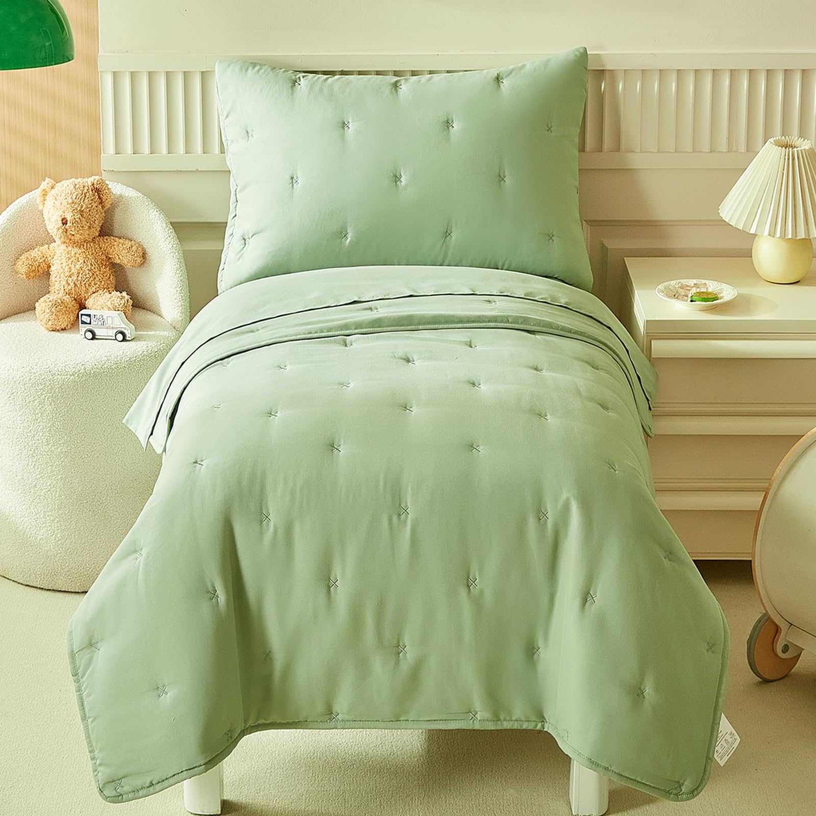 DuShow Green 4 Pieces Toddler Bedding Set for Boys Girls,Embroidery Microfiber Crib Bed Sheets Set Soft Boho Comforter Set Bed in a Bag,Include Quilted Comforter,Flat Sheet,Fitted Sheet,Pillowcase
