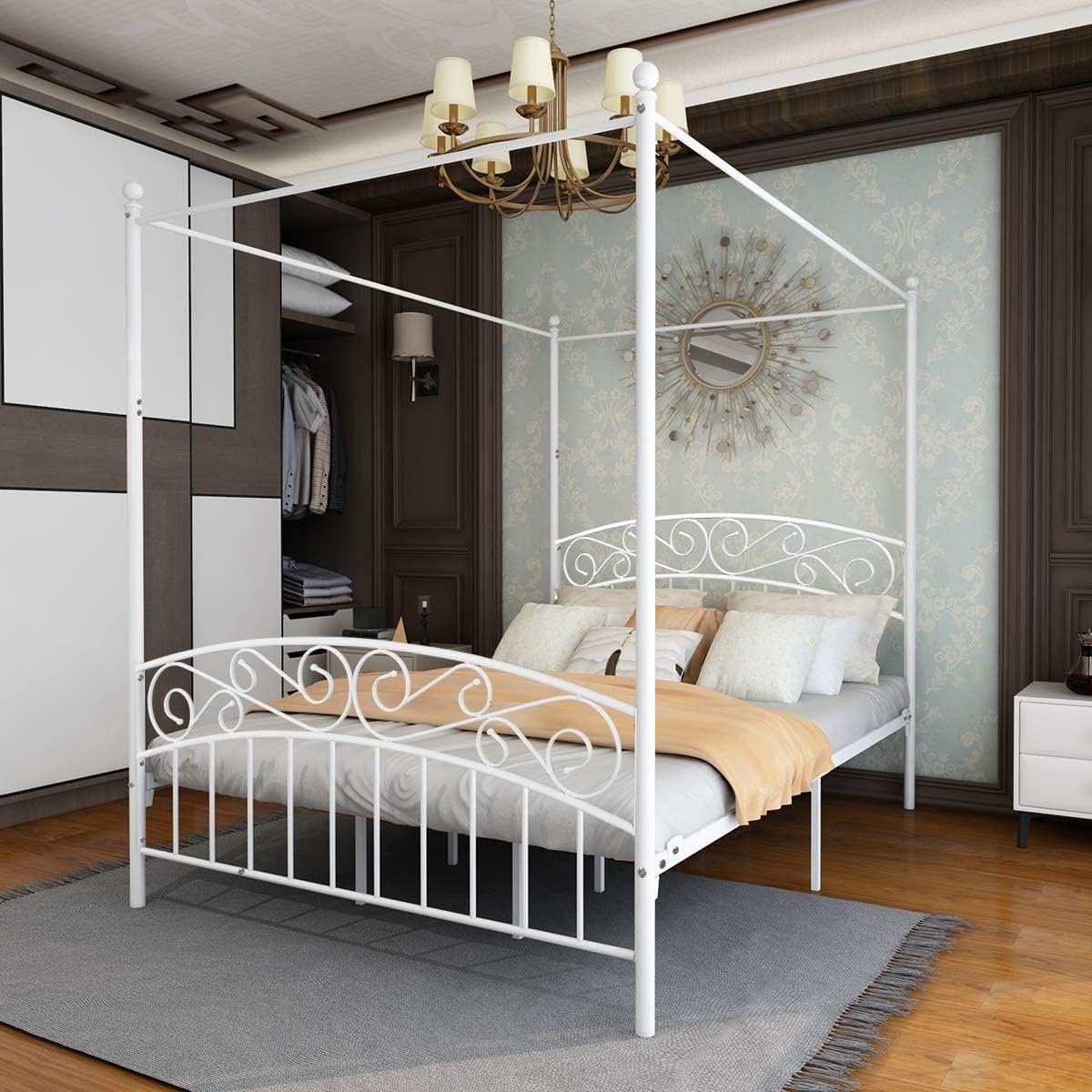 JURMERRY Metal Canopy Bed Frame Four-Poster Bed with Headboard & Footboard Mattress Foundation Sturdy Slatted Structure No Box Spring Needed Easy Assembly,Full White