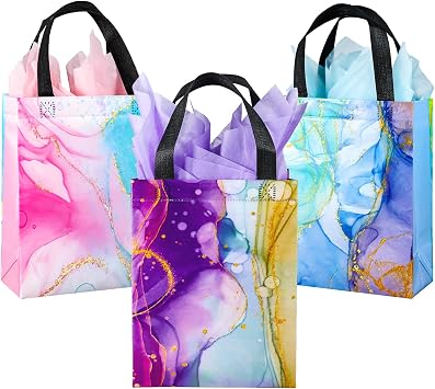 18Pcs Reusable Medium Gift Bags with Handles, 10.2" x 7.8" x 4" - Colorful Marble Party Favor Bags with Tissues for Birthday Parties, Anniversary, Shopping
