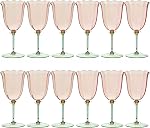 12 Packs Flower-Shaped Wine Glasses 10oz Floral Tulip Champagne Coupe Glasses Detachable 3-Part Unbreakable Dessert Parfait Drinking Cups Pink Bowl Green Stem for Wedding Birthday Bridal Shower