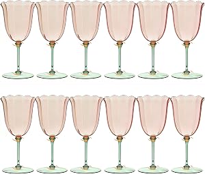 12 Packs Flower-Shaped Wine Glasses 10oz Floral Tulip Champagne Coupe Glasses Detachable 3-Part Unbreakable Dessert Parfait Drinking Cups Pink Bowl Green Stem for Wedding Birthday Bridal Shower
