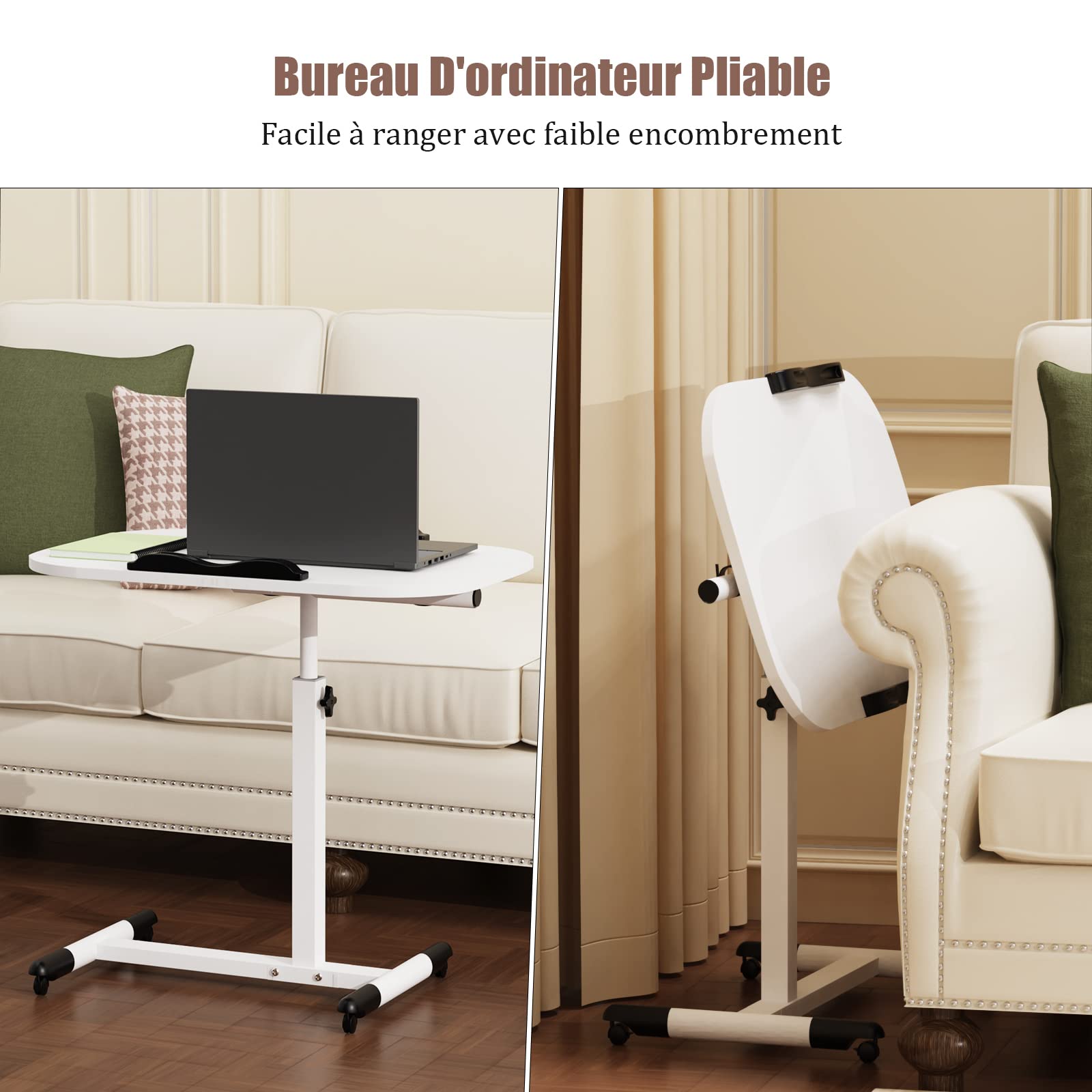 Table de Lit Roulette, 60 x 40 cm, Table d'appoint légère, Table Roulette Hauteur Réglable 61-95CM, 360° Bureau D'ordinateur Levage Rotatif pour Bureau, Salon, Maison