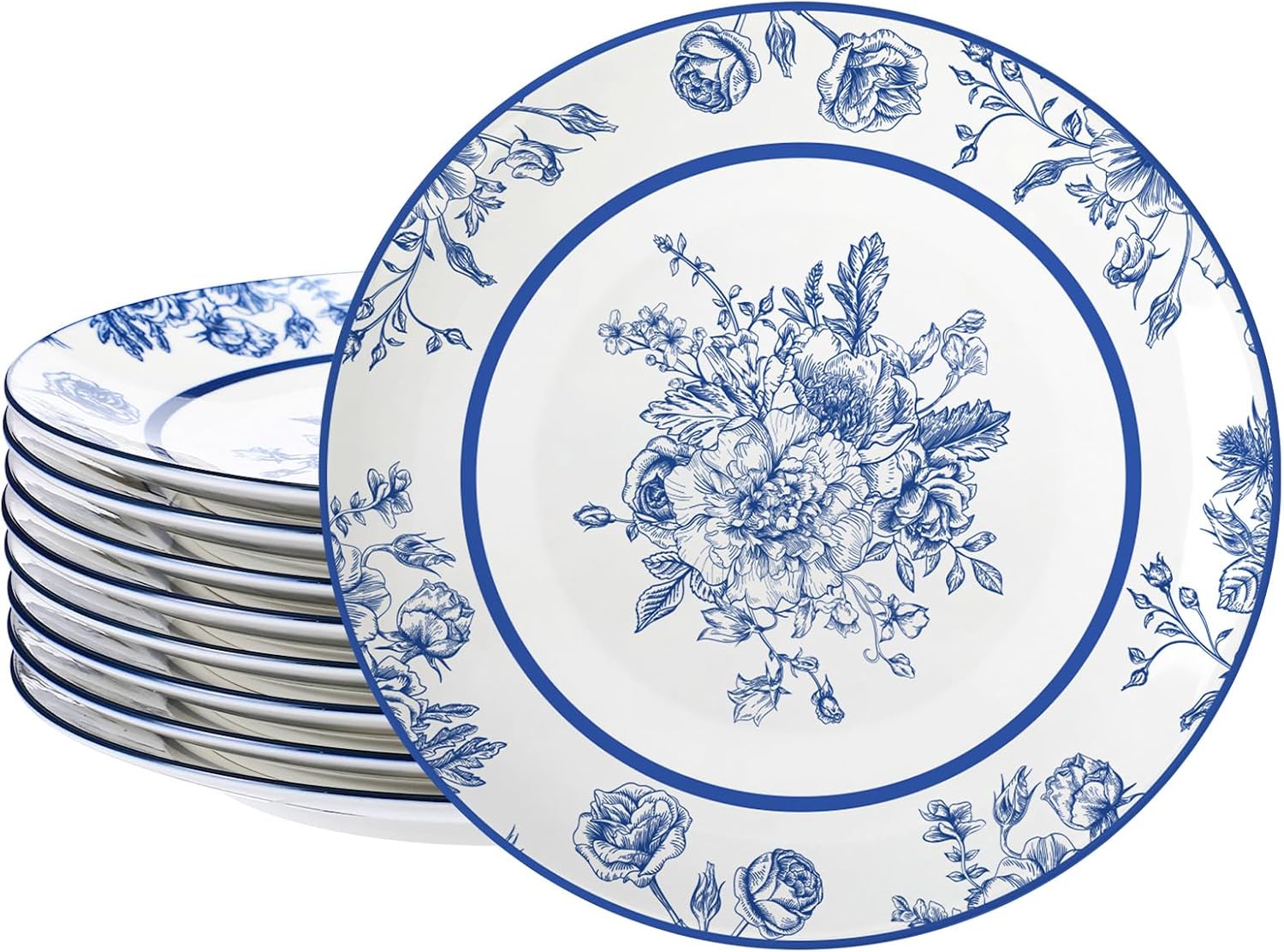 Jinei 8 Pcs Blue Floral Salad Plates Dinnerware Set Chinoiserie Ceramic Round Dessert Serving Plates 8 Inch Dinner Serving Tableware for Kitchen, Microwave Oven Dishwasher Safe